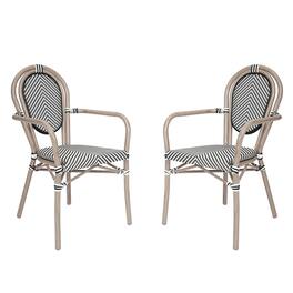 Emma + Oliver - 2 Pack Stacking Bistro Chair with Bamboo Print Metal Frame - Black & White/Light Natural Frame
