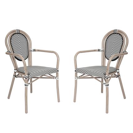 Front. Emma + Oliver - 2 Pack Stacking Bistro Chair with Bamboo Print Metal Frame - Black & White/Light Natural Frame.