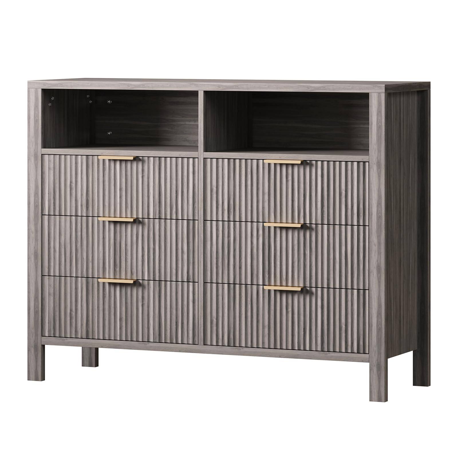 Front. GARVEE - Modern Fluted 6 Drawer Dresser w/ Storage Cabinet,47.2" Bedroom MDF Chest,Living Room Organizer,Smooth Sliding Drawers - Gray.