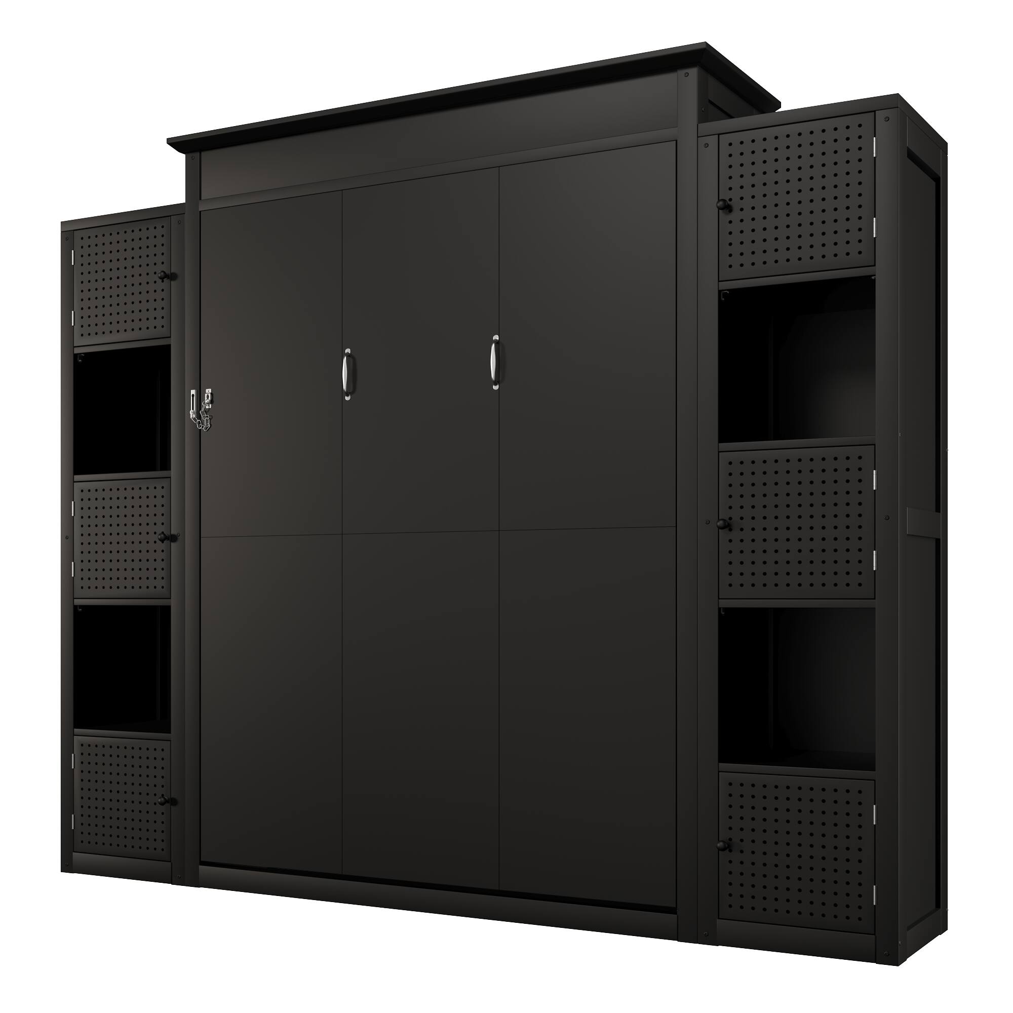 Alt View 1. Whisen - Queen-Size Murphy Bed with LED Lights, Storage Shelves, Padded Headboard, Wall-Mounted Foldable Design - Black.