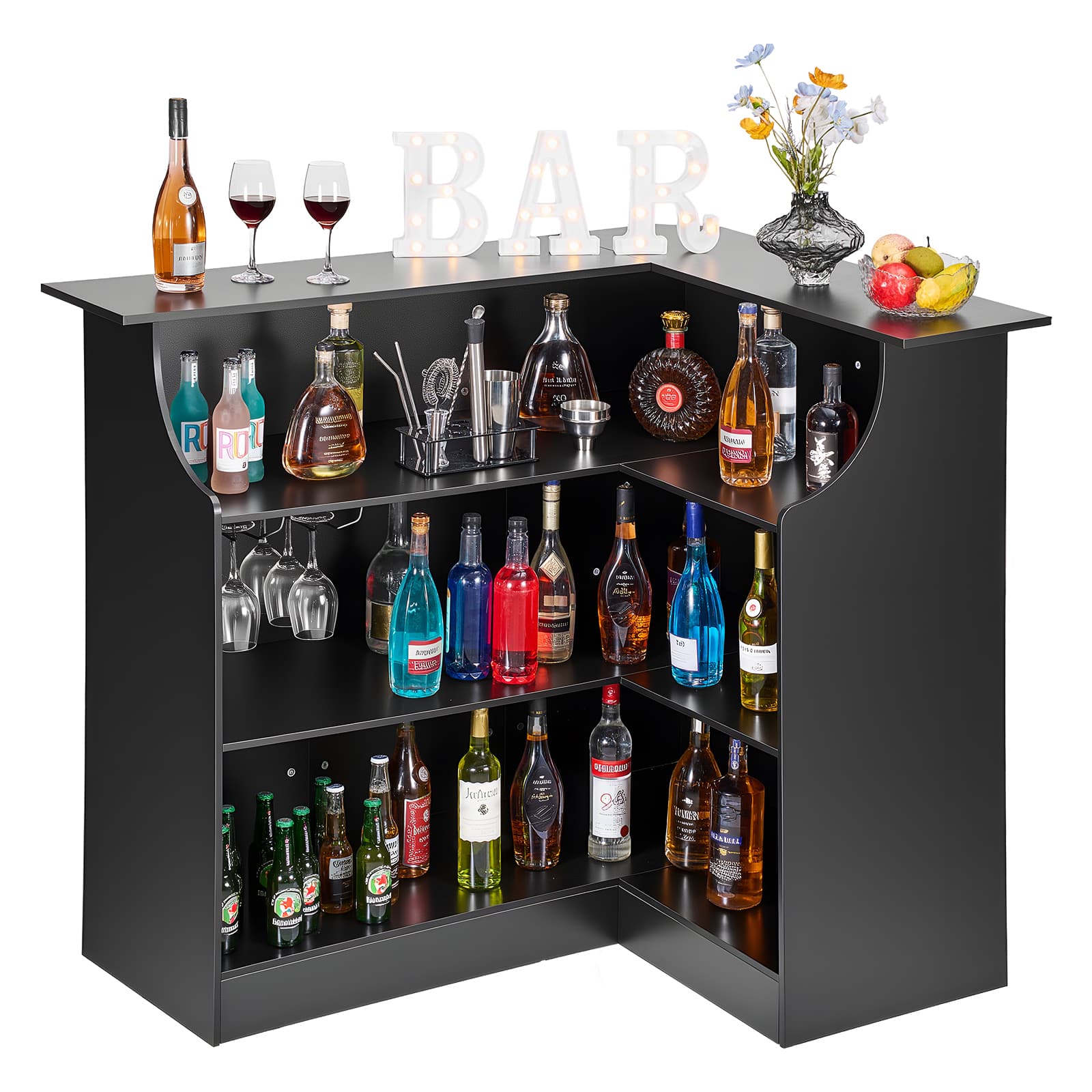 VEVOR - Home Bar Unit, L-Shaped Wine Bar Cabinet Table 4-Tier with Storage Shelves, Wine Glass Holder, 300 lbs Max Capacity - Black