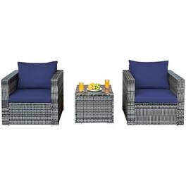 Pefilos - 3 Pcs Patio PE Rattan Furniture Bistro Sofa Set, Patio Outdoor Furniture Conversation Sets with Coffee Table - Blue