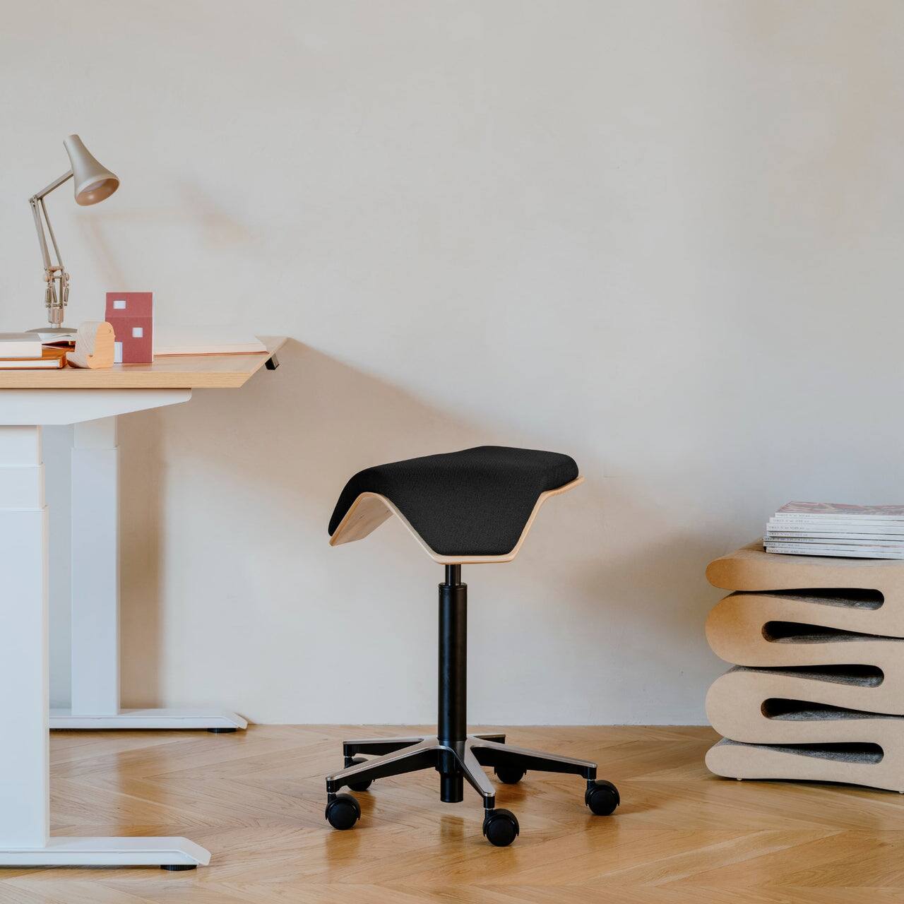 Left. Branch Furniture - Saddle Chair Plus - Black / Wood.