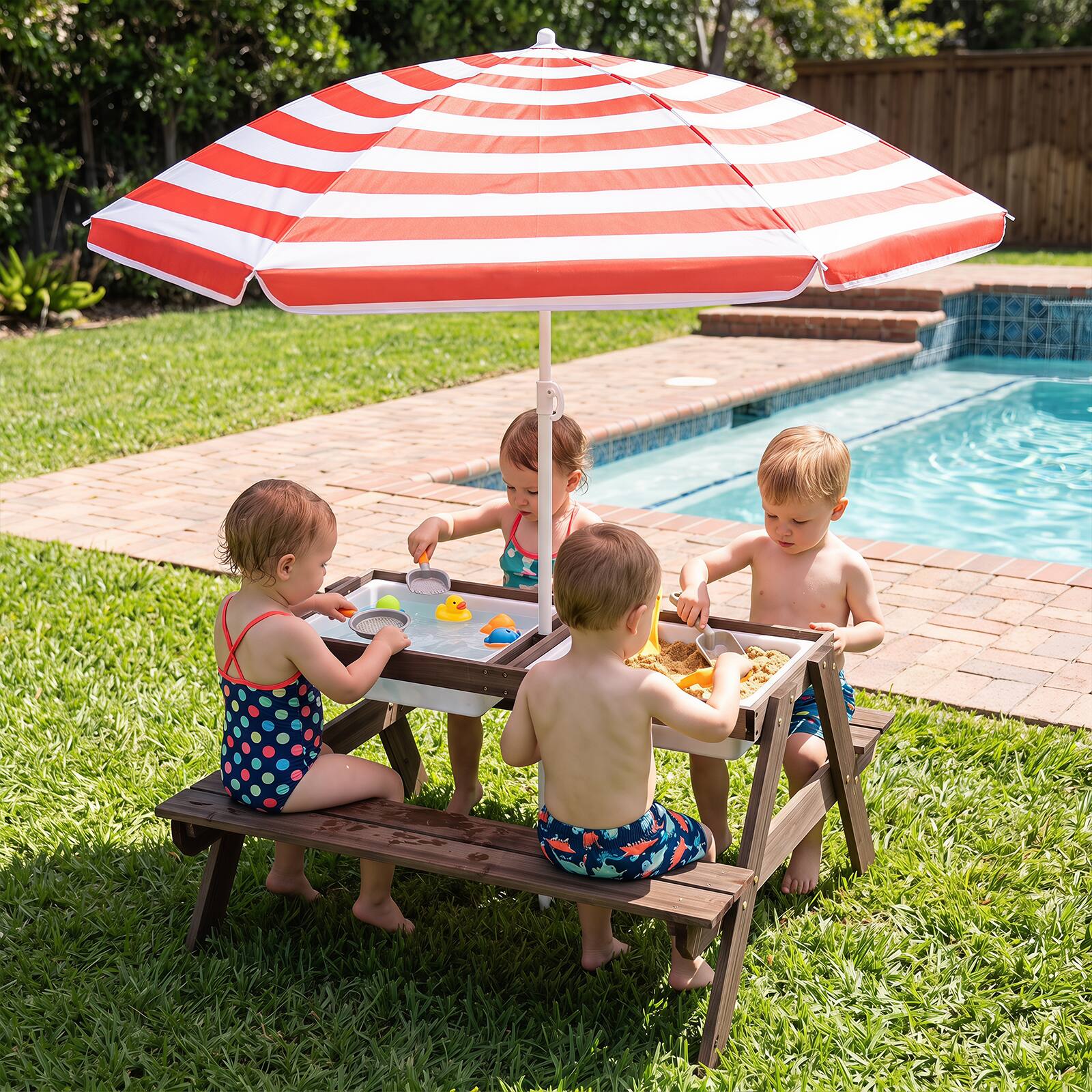 Alt View 2. Costway - Costway 3-in-1 Kids Picnic Table Wooden Outdoor Sand & Water Table with Umbrella Play Boxes - Red+White.