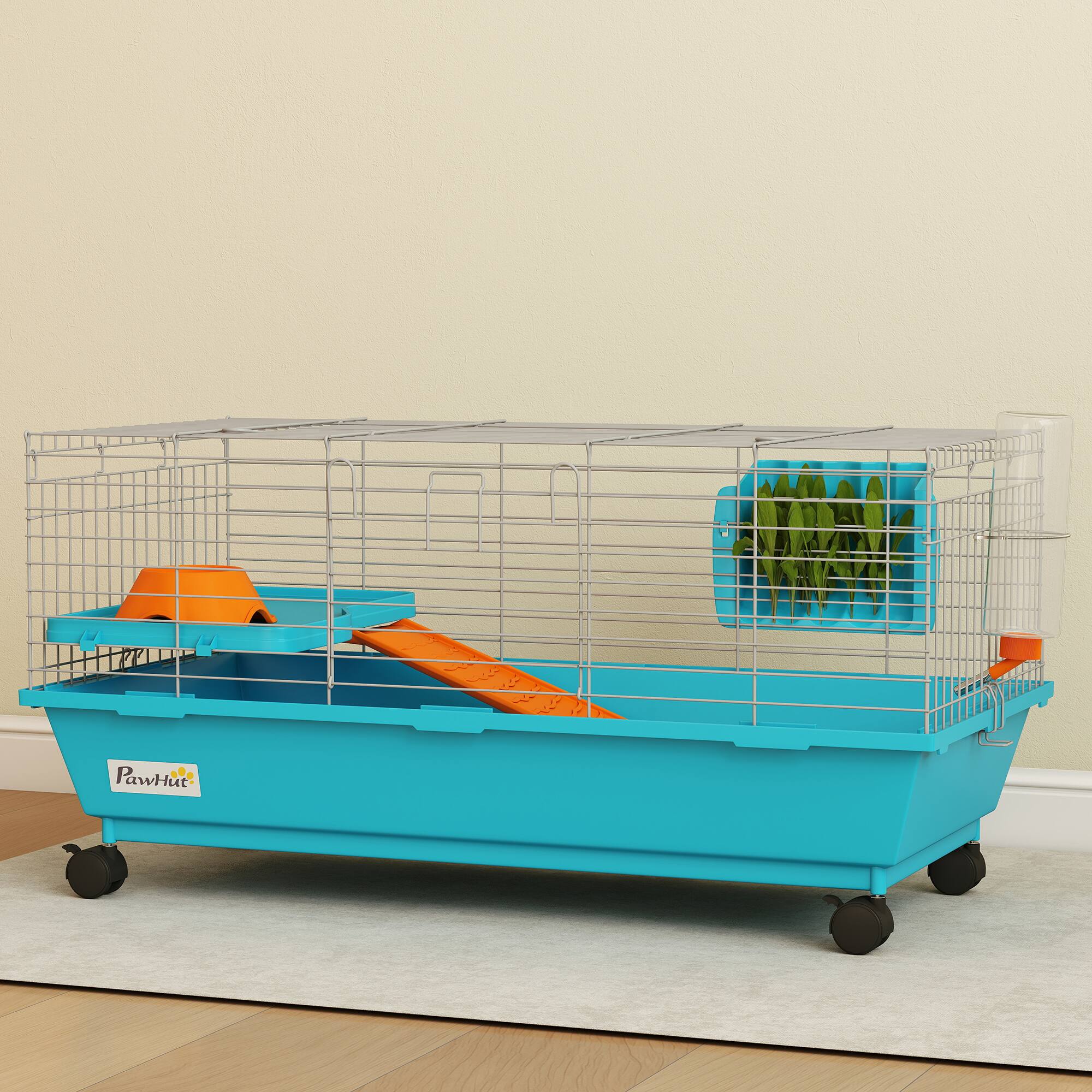 Alt View 7. Pawhut - Small Animal Cage, Rolling Bunny Cage, Guinea Pig Cage with Wheels, Food Dish, Water Bottle - Blue.