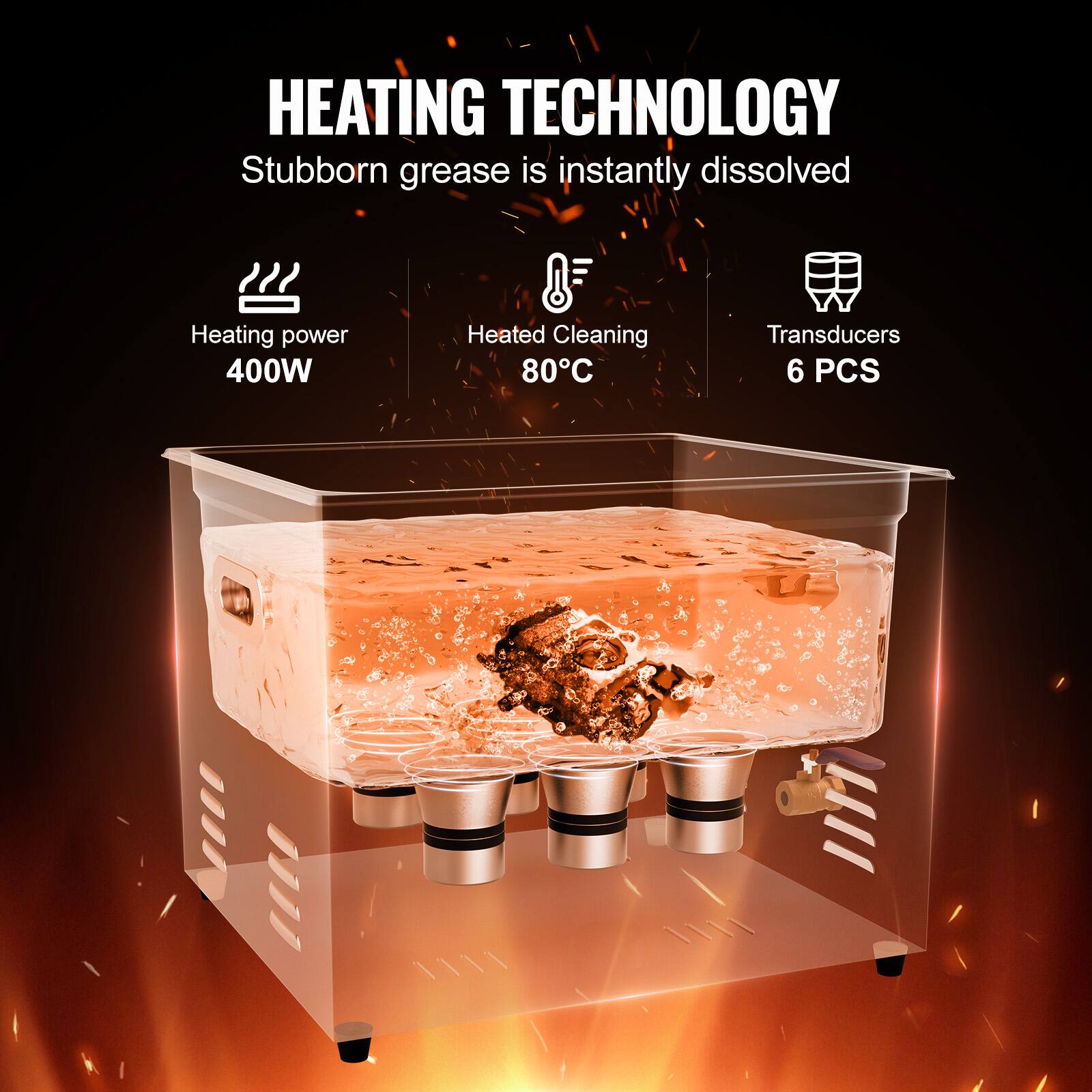 HEATING TECHNOLOGY  
Stubborn grease is instantly dissolved  

Heating power 400W  
Heated Cleaning 80°C  
Transducers 6 PCS