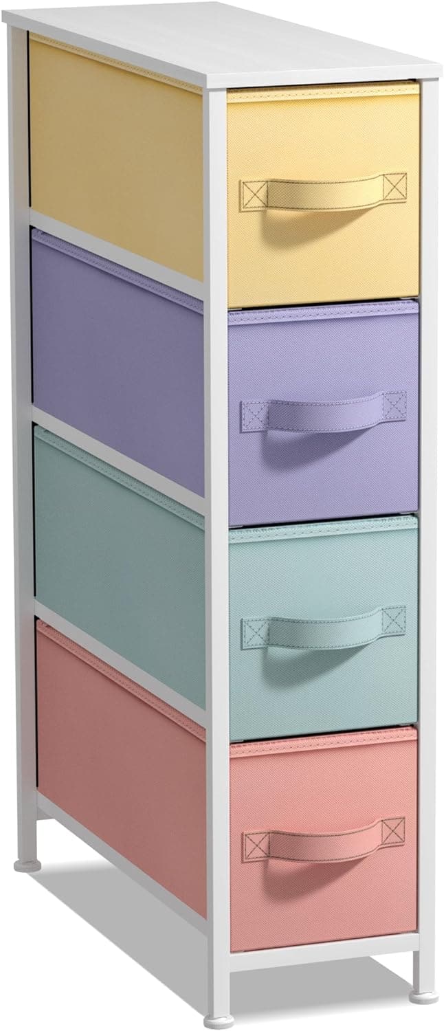 Sorbus - Narrow Dresser with 4 Drawers, Vertical Slim Storage Chest of Drawers with Steel Frame - Pastel