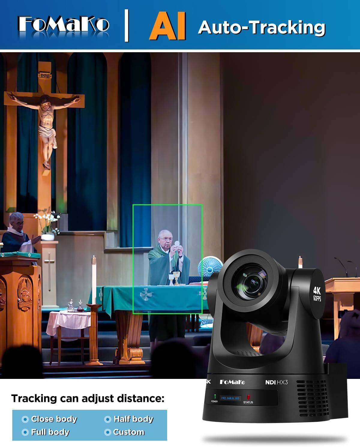 FoMaKo K600N 4K 60fps NDI PTZ Camera 20x Optical Zoom AI Auto