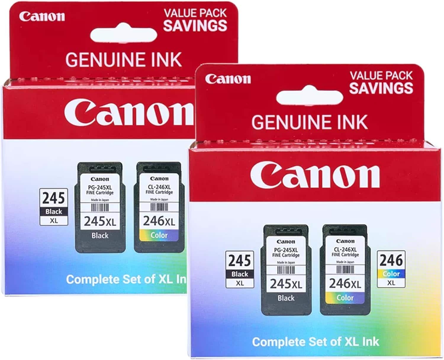 Canon VALUE PACK SAVINGS GENUINE INK  
Canon PG-245XL CL-246XL FINE Cartridge  
Made in Japan  
Black XL 245XL 246XL  
Color XL  
Complete Set of XL Ink  

Canon VALUE PACK SAVINGS GENUINE INK  
Canon PG-245XL CL-246XL FINE Cartridge  
Made in Japan  
Black XL 245XL 246XL  
Color XL  
Complete Set of XL Ink