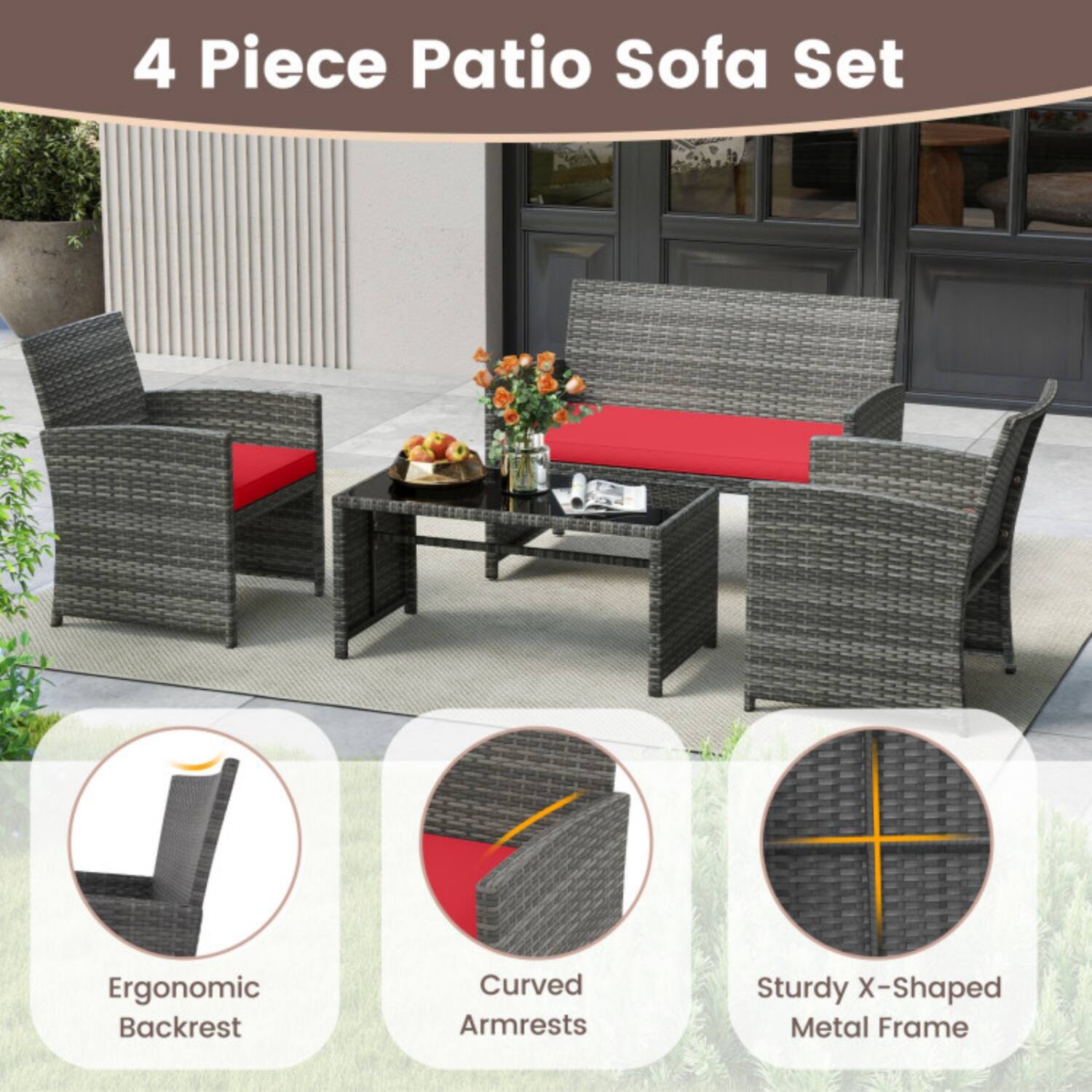 4 Piece Patio Sofa Set

- Ergonomic Backrest
- Curved Armrests
- Sturdy X-Shaped Metal Frame