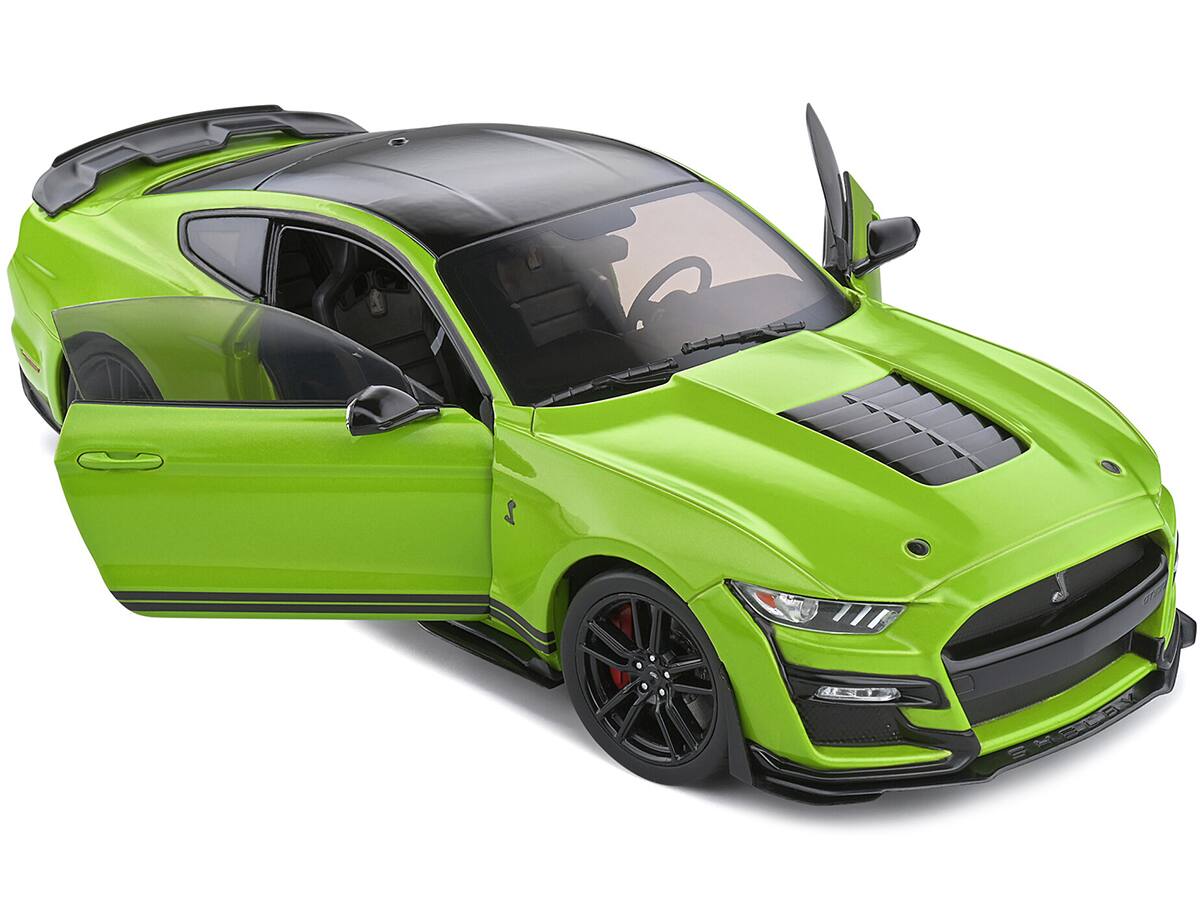 Angle. Solido - 2020 Ford Mustang Shelby GT500 Grabber Lime Green Metallic with Black Top and Stripes 1/18 Diecast Model Car by Solido - Green Metallic With Black.