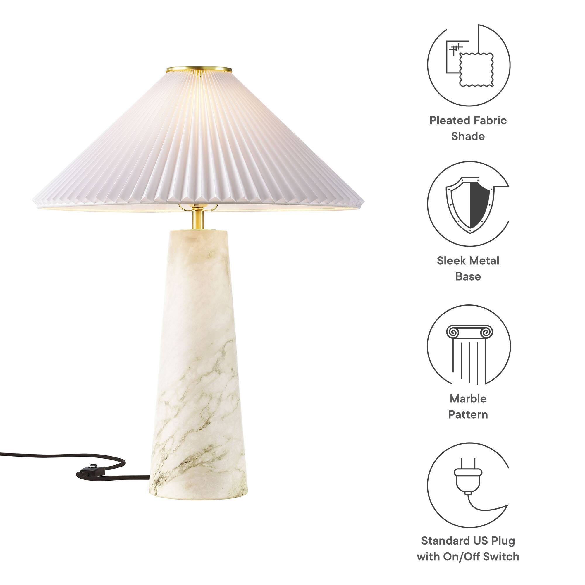 Pleated Fabric Shade  
Sleek Metal Base  
Marble Pattern  
Standard US Plug with On/Off Switch