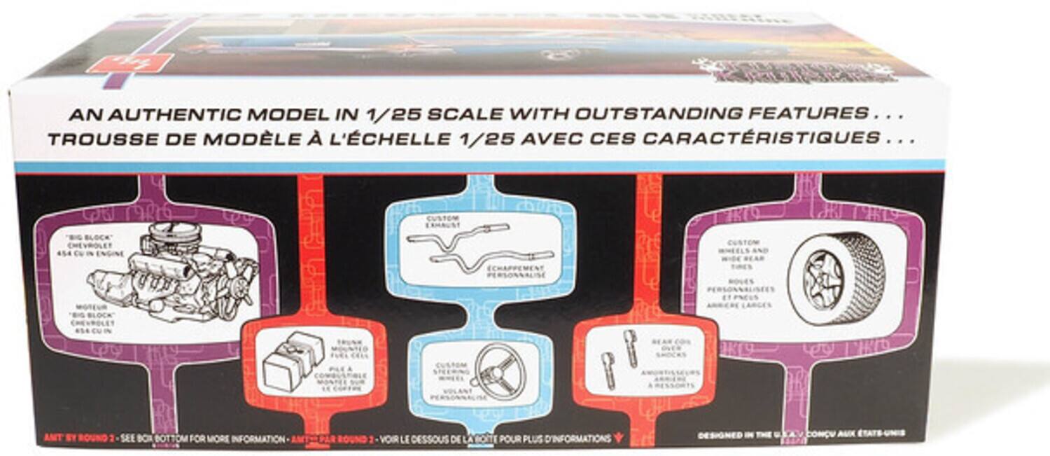 AN AUTHENTIC MODEL IN 1/25 SCALE WITH OUTSTANDING FEATURES...
TROUSSE DE MODÈLE À L'ÉCHELLE 1/25 AVEC CES CARACTÉRISTIQUES...

- BIG BLOCK CHEVROLET ENGINE
- CUSTOM EXHAUST PIPE PERSONNALISÉE
- MOTOR
- CUSTOM WHEELS AND TIRES RÔLES PERSONNALISÉES
- TIRE AND WHEELS
- CUSTOM STEERING WHEEL VOLANT PERSONNALISÉ
- SEE BOTTOM FOR MORE INFORMATION
- VOIR LE CESSOUS DE LA BOITE POUR PLUS D'INFORMATIONS

DESIGNED IN THE USA - CONÇU AUX ÉTATS-UNIS