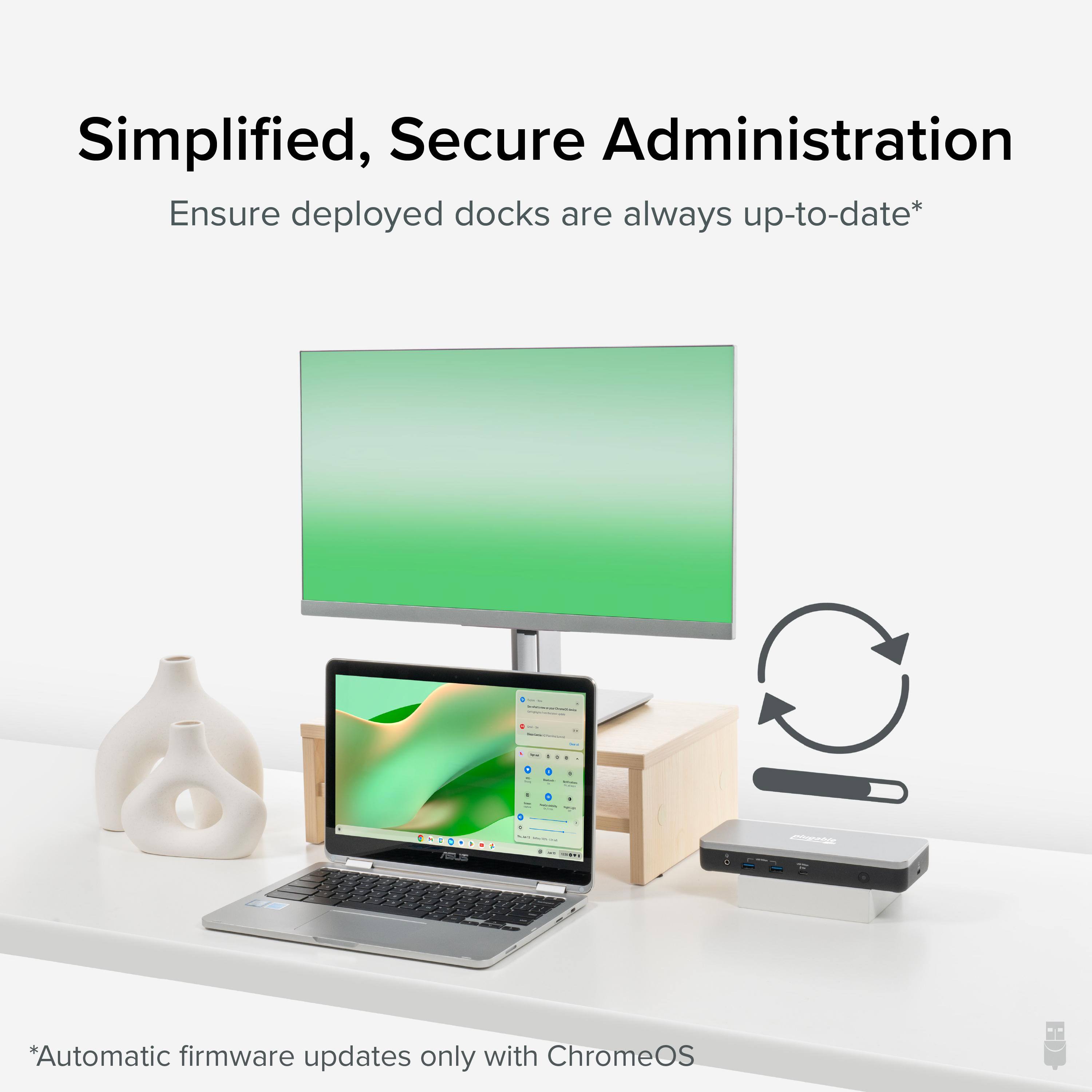 Simplified, Secure Administration
Ensure deployed docks are always up-to-date*
*Automatic firmware updates only with ChromeOS