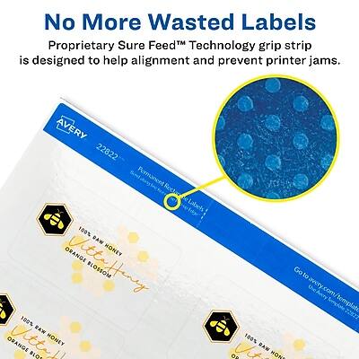 No More Wasted Labels  
Proprietary Sure Feed™ Technology grip strip is designed to help alignment and prevent printer jams.

AVERY 22822 Permanent Rectangular Labels  
100% RAW ORANGE Vittan HONEY Littaffeney BLOSSOM

Go to avery.com/template 22822