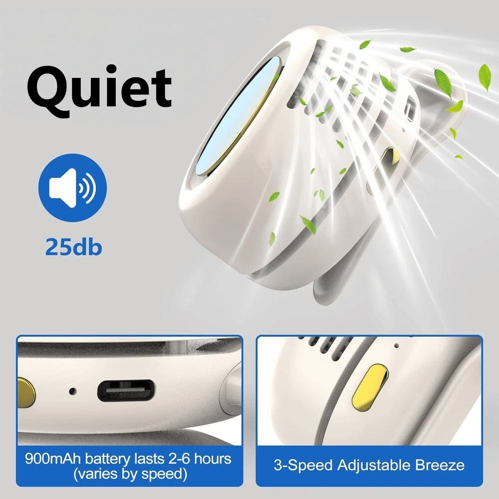 Quiet  
25db  
900mAh battery lasts 2-6 hours (varies by speed)  
3-Speed Adjustable Breeze