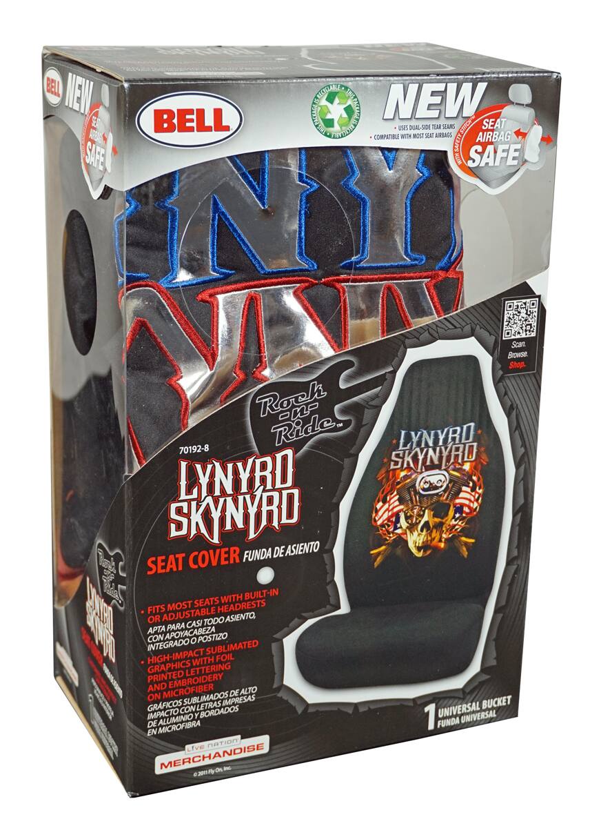 Sure, here is the corrected and grouped text from the image:

---

**BELL**

**NEW**

**SEAT AIRBAG SAFE**

**LYNYRD SKYNYRD**

**SEAT COVER**

**FUNDA DE ASIENTO**

**FITS MOST SEATS WITH BUILT-IN OR ADJUSTABLE HEADRESTS**

**APTA PARA CASI TODO ASIENTO, CON APOYACABEZA INTEGRADO O AJUSTABLE**

**HIGH-IMPACT GRAPHICS WITH FOIL LETTERING PRINTED AND EMBROIDERY**

**GRÁFICOS SUBLIMADOS DE ALTO IMPACTO CON LETRAS IMPRESAS Y BORDADOS**

**ON MICROFIBER**

**EN MICROFIBRA**

**UNIVERSAL BUCKET**

**FUNDA UNIVERSAL**

**ROCK 'N' RIDE**

**70192-8**

**Live Nation MERCHANDISE**

**© 2011 Fly On Inc.**

**USES DUAL-SIDE TEAR SEAMS**

**COMPATIBLE WITH MOST SEAT AIRBAGS**

**RECYCLABLE PACKAGING**

**Scan. Browse. Shop.**

---

This text is organized to reflect