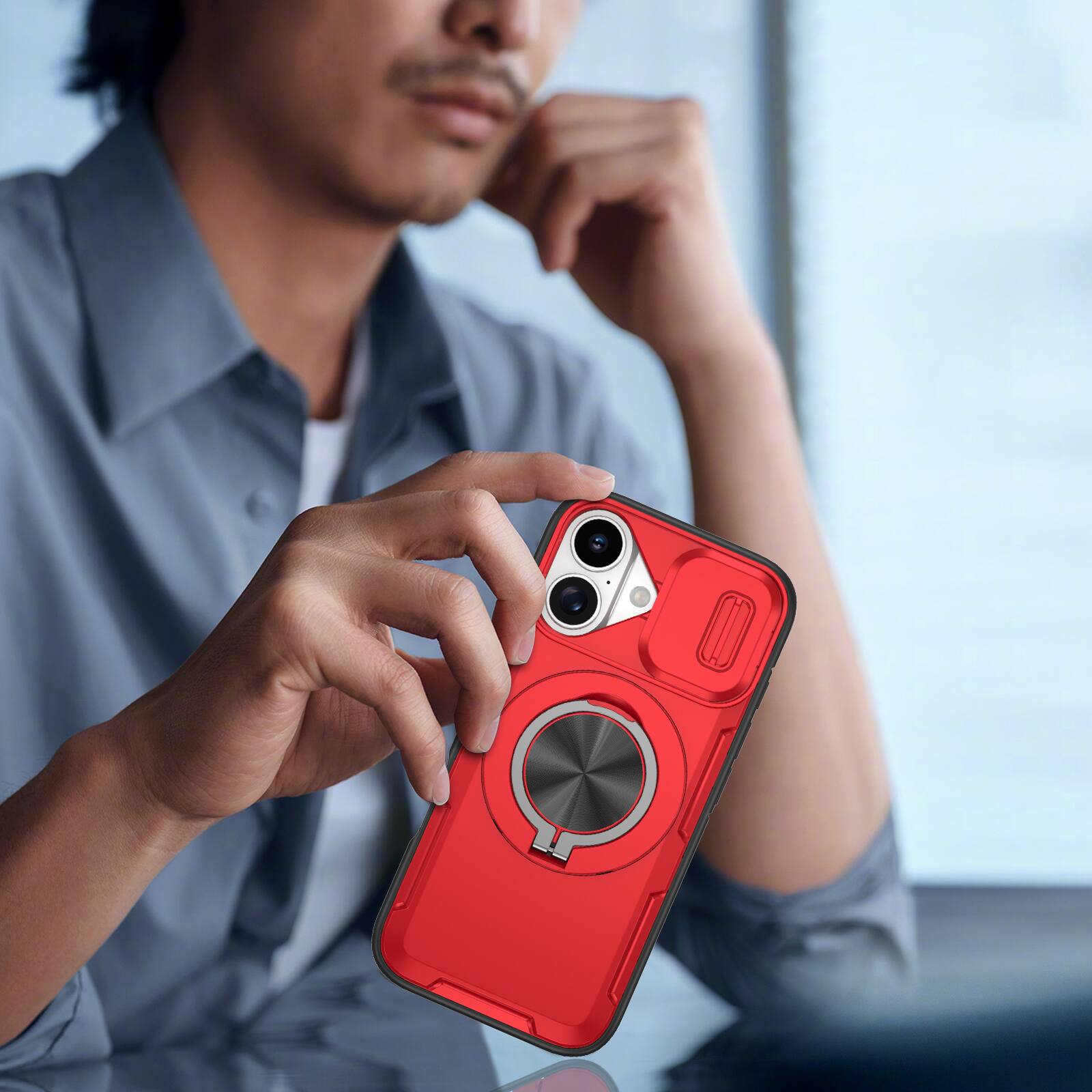 Left. Dteck - Rugged Magnetic Case for Apple iPhone 17, Shockproof 360° Rotating Ring Stand Cover, Window Sliding Protection - Red.