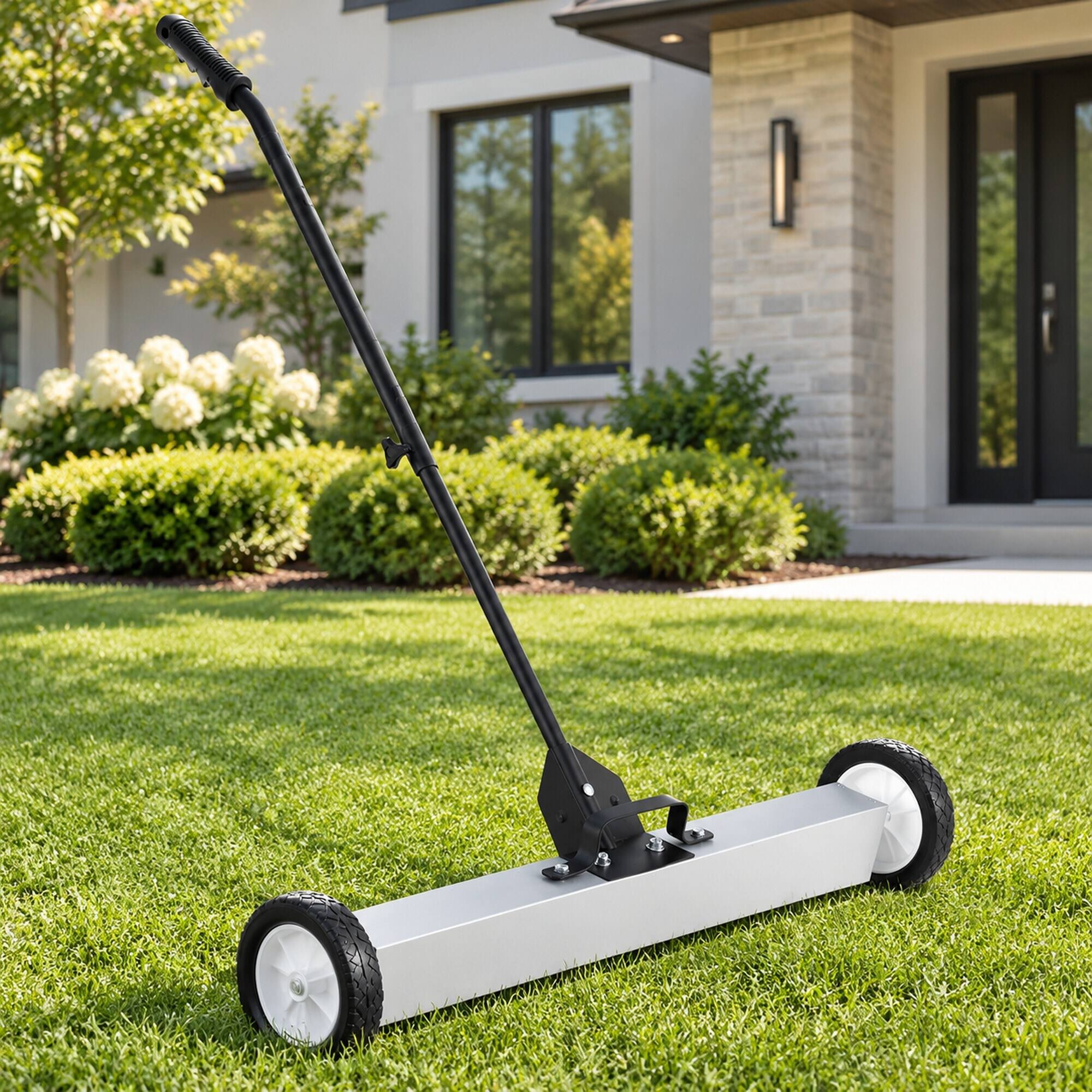 Angle. RYHNUYNE - 55 lbs Rolling Magnetic Sweeper, 36 in Wide Magnet, Telescoping Handle, Push-Type Pickup for Garage Yard - White.