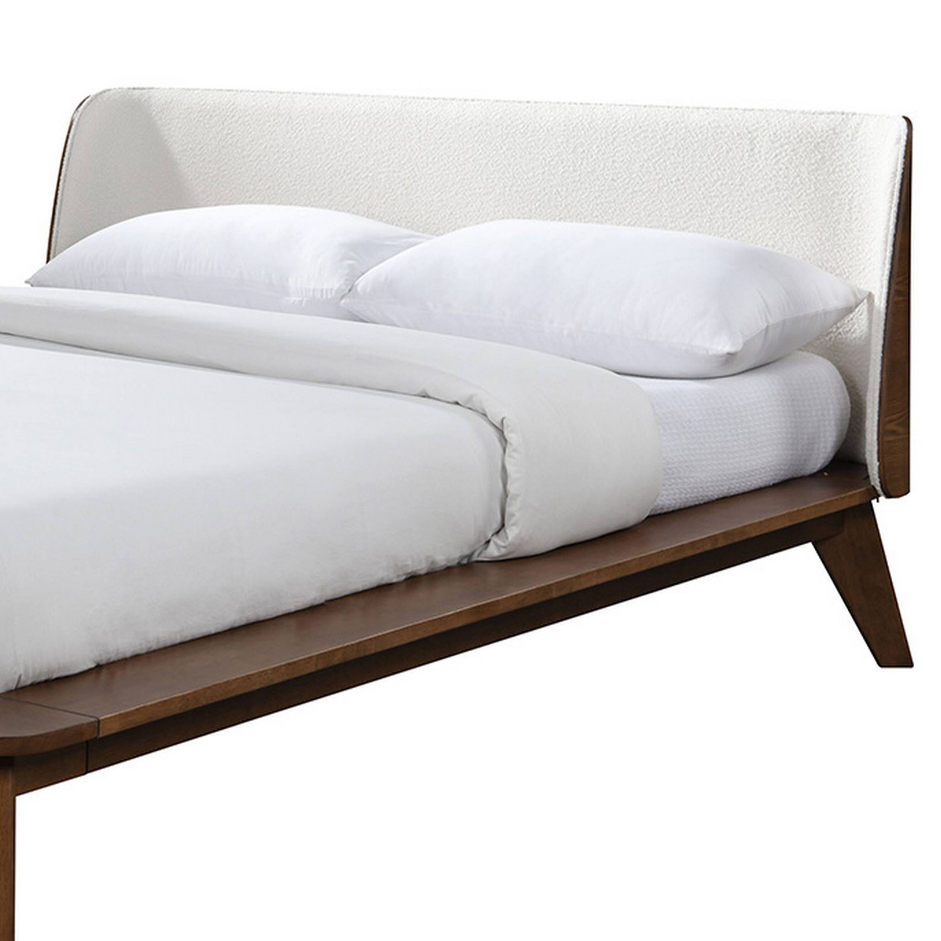 Alt View 1. Manhattan Lane - Linzy Queen Bed, Beige Boucle Upholstered Winged Edge, Brown Solid Wood - Walnut Brown, Beige.