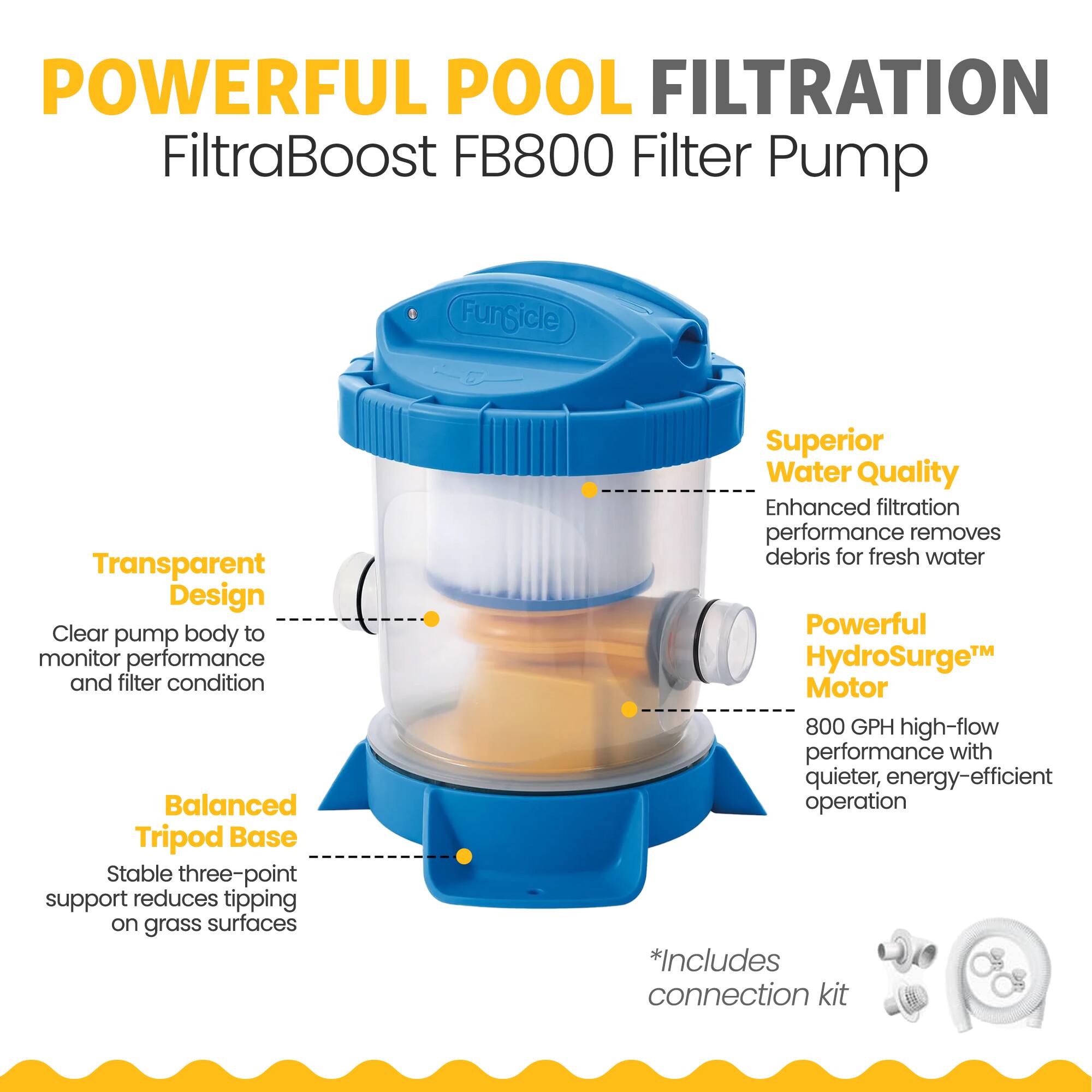 POWERFUL POOL FILTRATION  
FiltraBoost FB800 Filter Pump

- Transparent Design  
  Clear pump body to monitor performance and filter condition

- Balanced Tripod Base  
  Stable three-point support reduces tipping on grass surfaces

- Superior Water Quality  
  Enhanced filtration performance removes debris for fresh water

- Powerful HydroSurge™ Motor  
  800 GPH high-flow performance with quieter, energy-efficient operation

*Includes connection kit