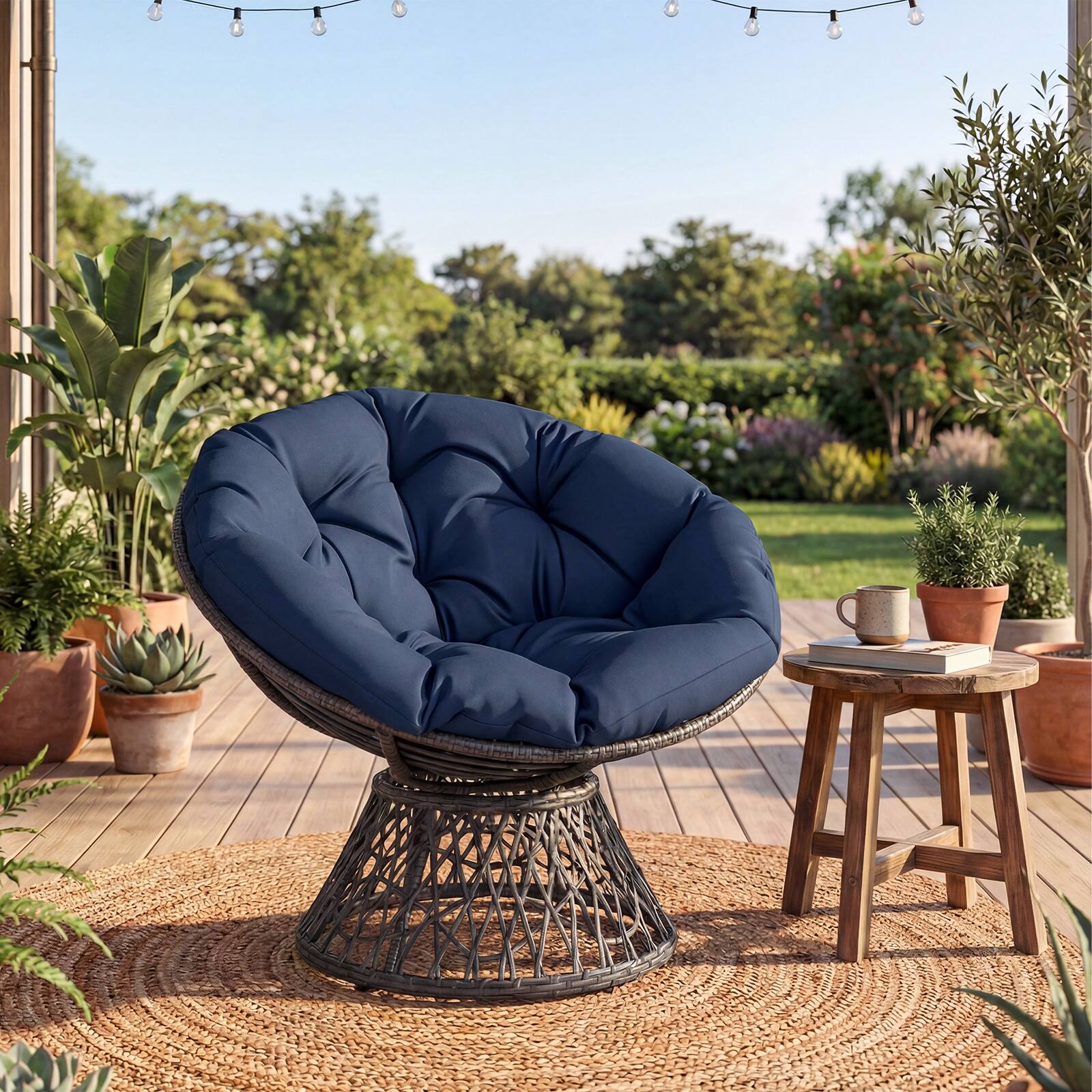 Alt View 4. Gymax - Gymax 360-DegreeSwivel Papasan Chair Round Wicker Lounge Chair w/Thick Cushion&Metal Frame Navy Blue - Blue.