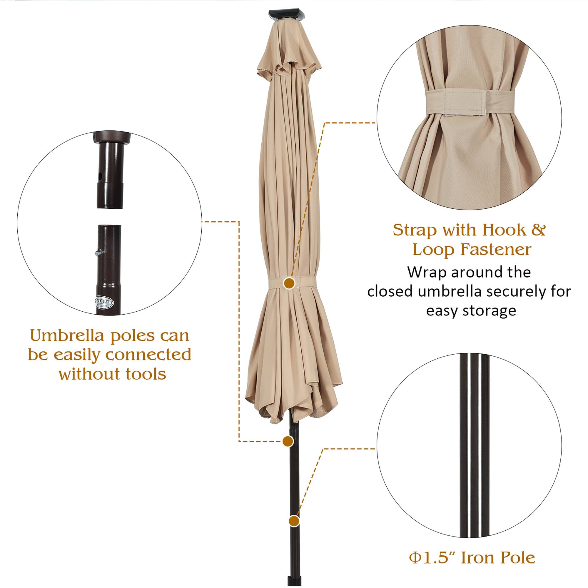 Umbrella poles can be easily connected without tools. Strap with Hook & Loop Fastener: Wrap around the closed umbrella securely for easy storage. 1.5" Iron Pole.
