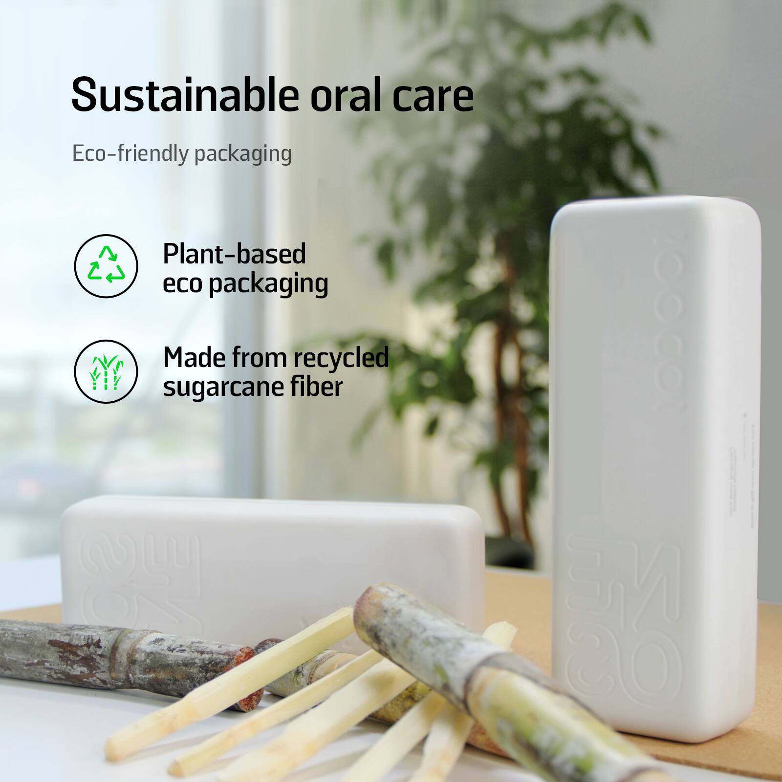 Sustainable oral care, Eco-friendly packaging, Plant-based packaging, Made from recycled sugarcane fiber