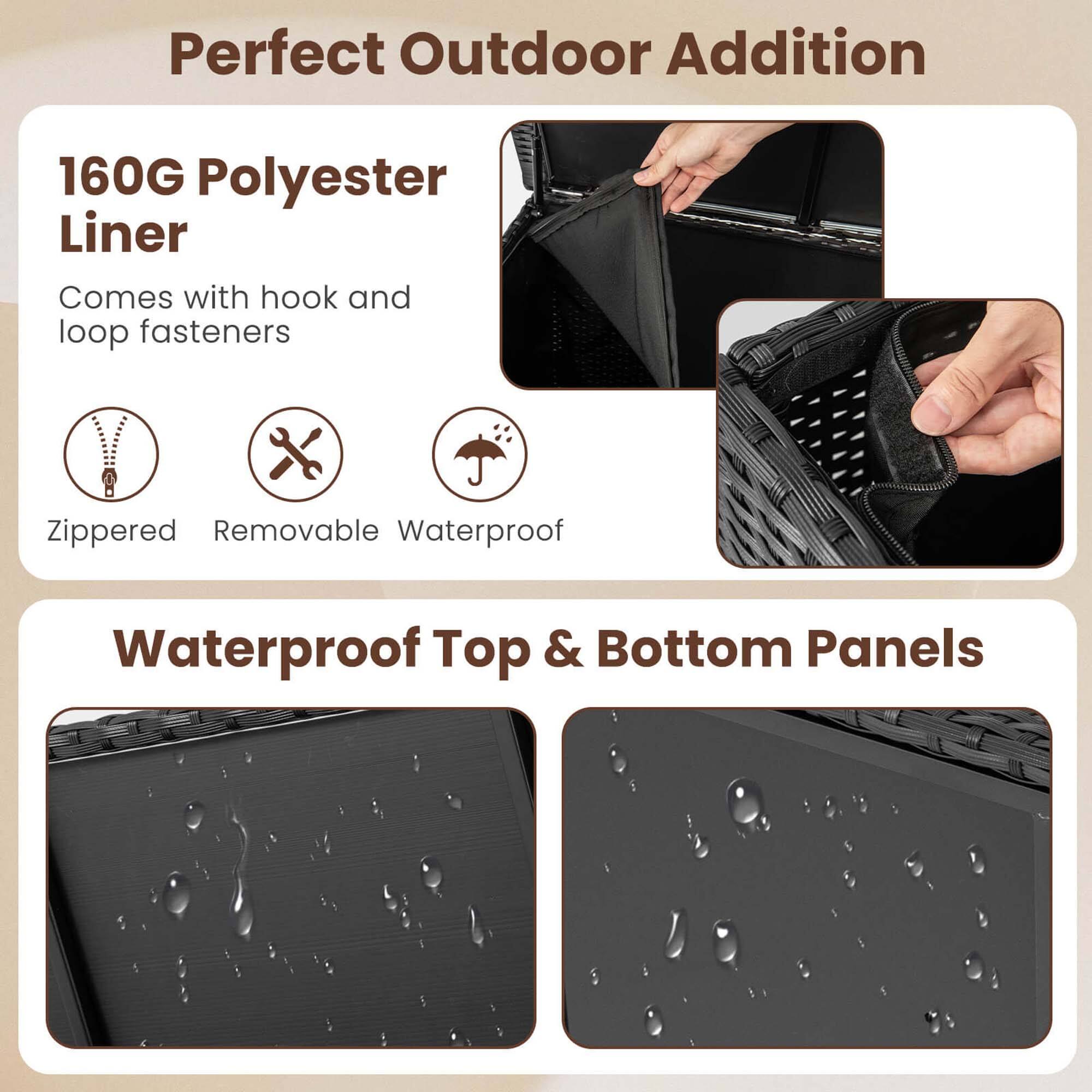 Perfect Outdoor Addition

160G Polyester Liner  
- Comes with hook and loop fasteners  
- Zippered  
- Removable  
- Waterproof  

Waterproof Top & Bottom Panels