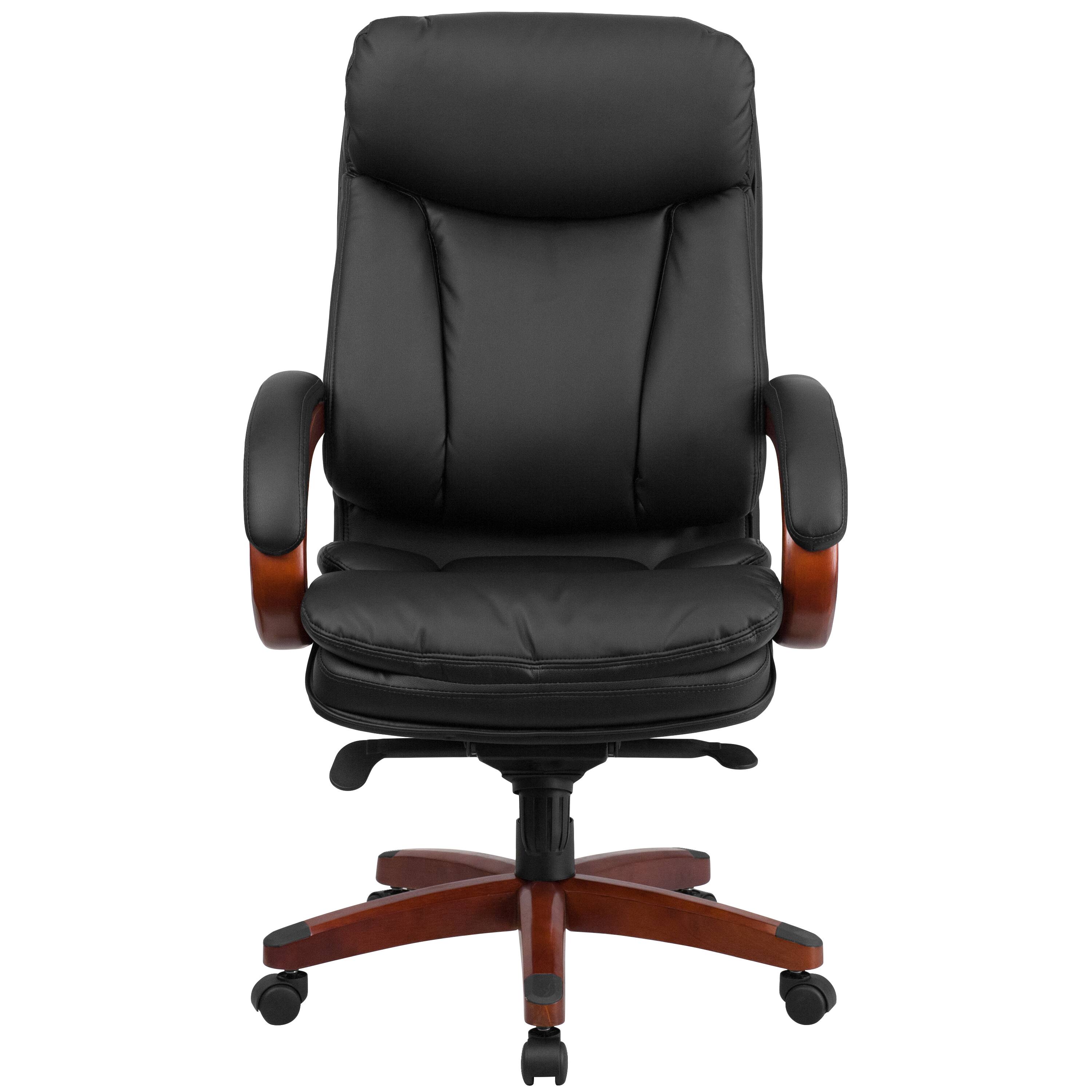 Alt View 7. Emma + Oliver - High Back Leather Executive Swivel Ergonomic Office Chair with Synchro-Tilt Mechanism, Mahogany Wood Base and Arms - Black.