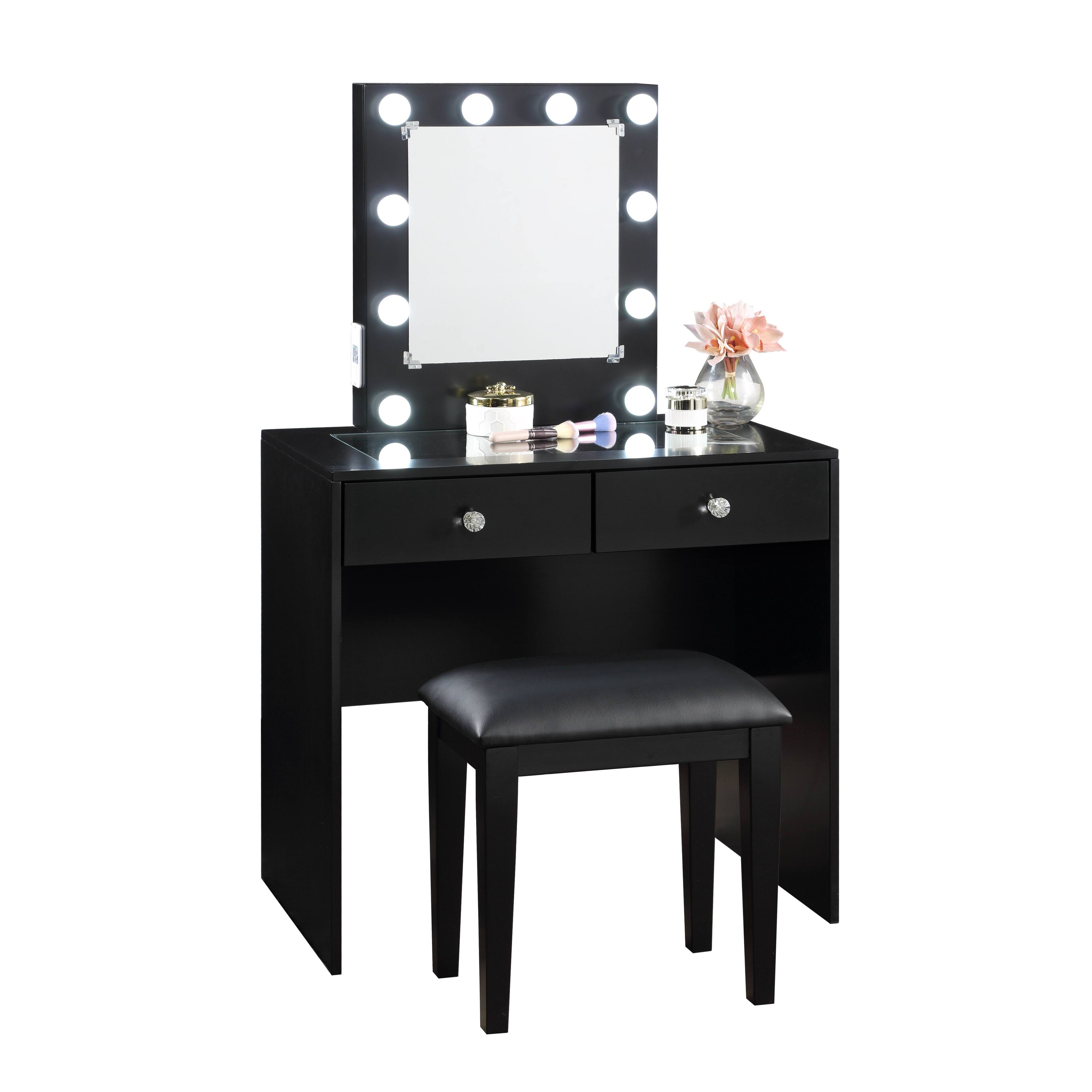 Alt View 1. APRILSOUL - Black Makeup Vanity and Stool Set with 10 Lights and USB Port and Power Outlet 2x Drawers Luxurious Style Furniture - Black.