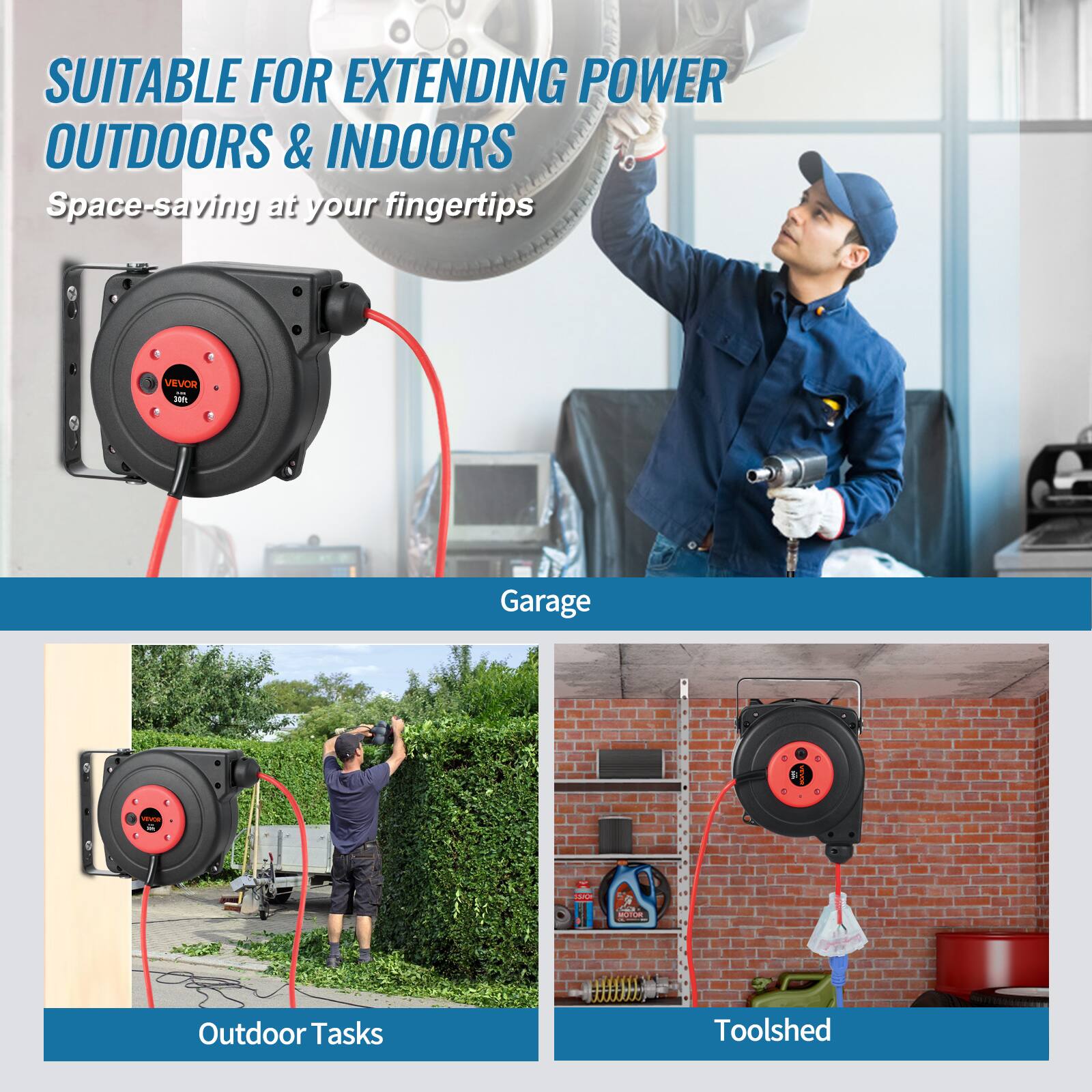 SUITABLE FOR EXTENDING POWER OUTDOORS & INDOORS  
Space-saving at your fingertips

VEVOR 300g

Garage

Outdoor Tasks

Toolshed