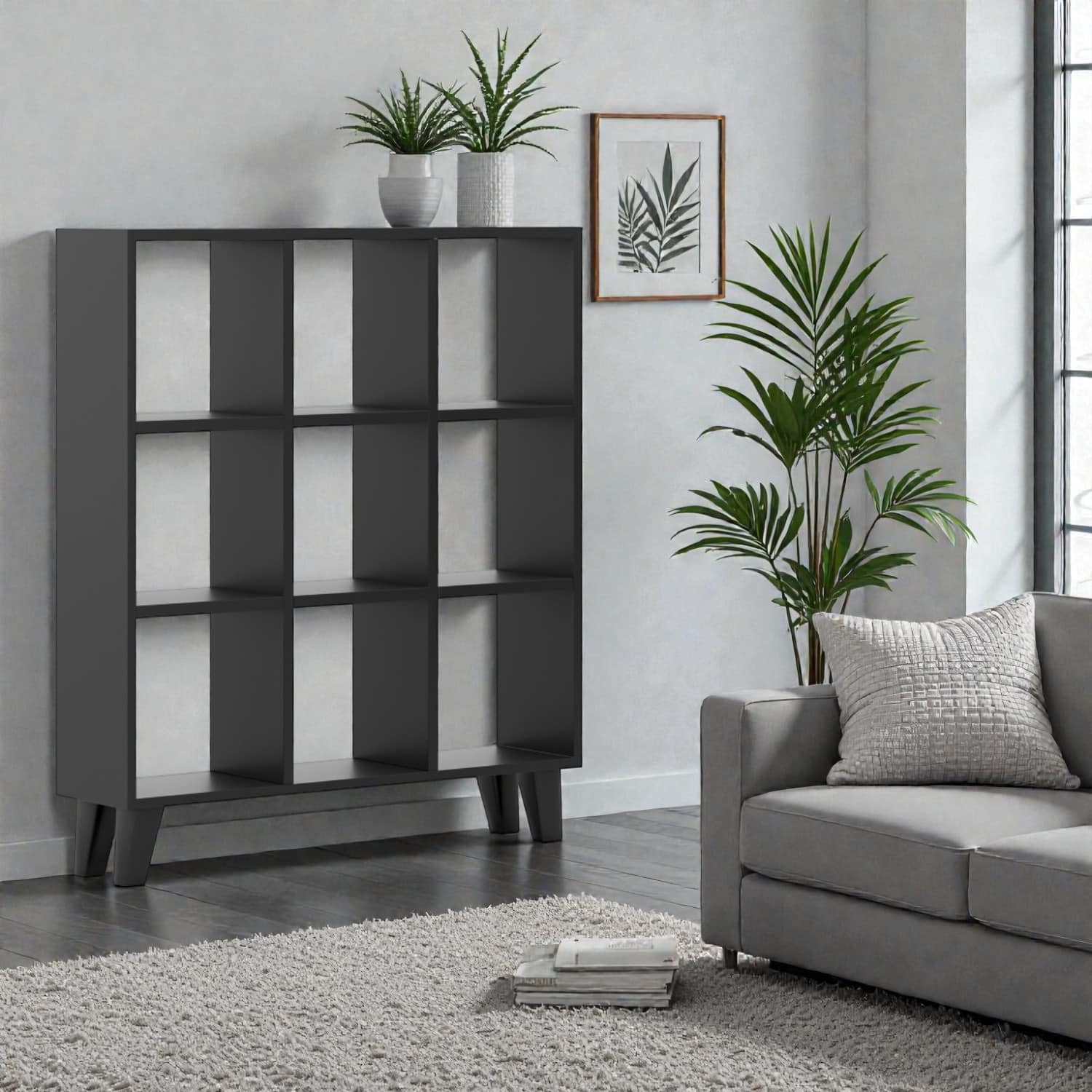 Hivvago - Modern 9-Cube Organizer Shelf with Removable Panels and Raised Legs - Black