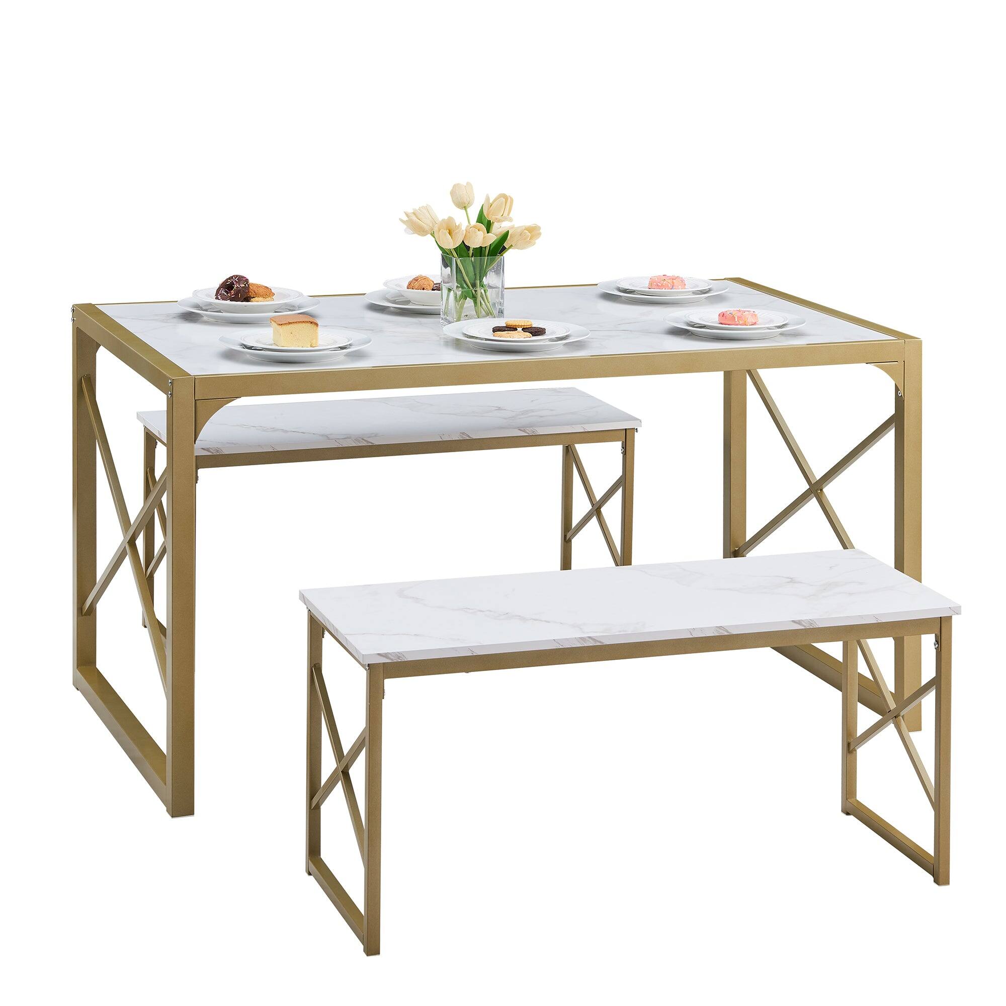 Front. Vecelo - Dining Set: 55" Table & 2 Benches - Space Saving Design, Easy Assembly, Metal Frame, 4-Person Family Dining - Gold.