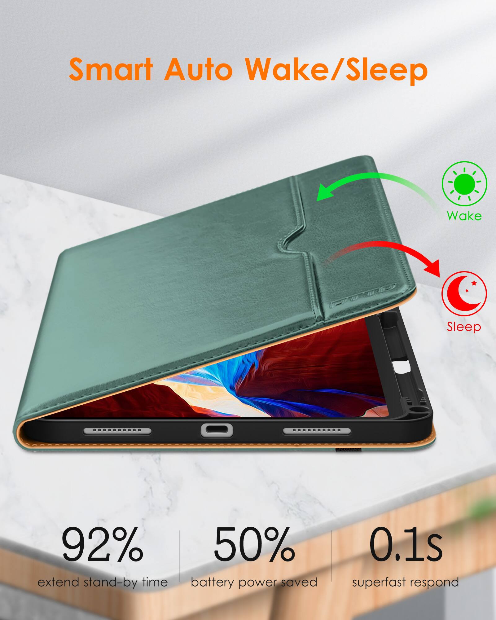 Smart Auto Wake/Sleep

- 92% extend stand-by time
- 50% battery power saved
- 0.1s superfast respond

Wake
Sleep