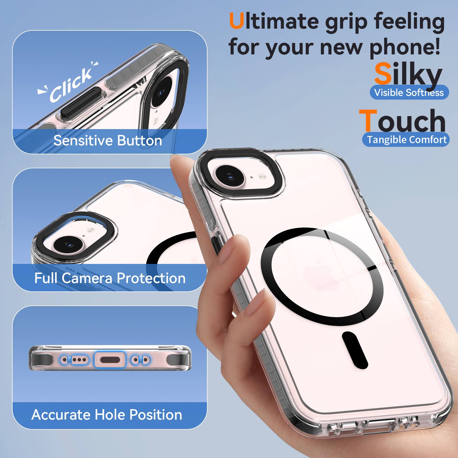 Click* Sensitive Button

Ultimate grip feeling for your new phone! Silky Visible Softness Touch Tangible Comfort

Full Camera Protection

Accurate Hole Position
