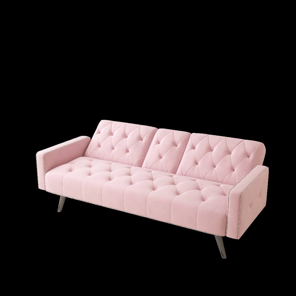 Alt View 3. Loheer - Loheer Pink Velvet Sofa Bed 72 Inch Convertible Sleeper Sofa with Cup Holders Tufted Futon for Small Spaces - Pink.