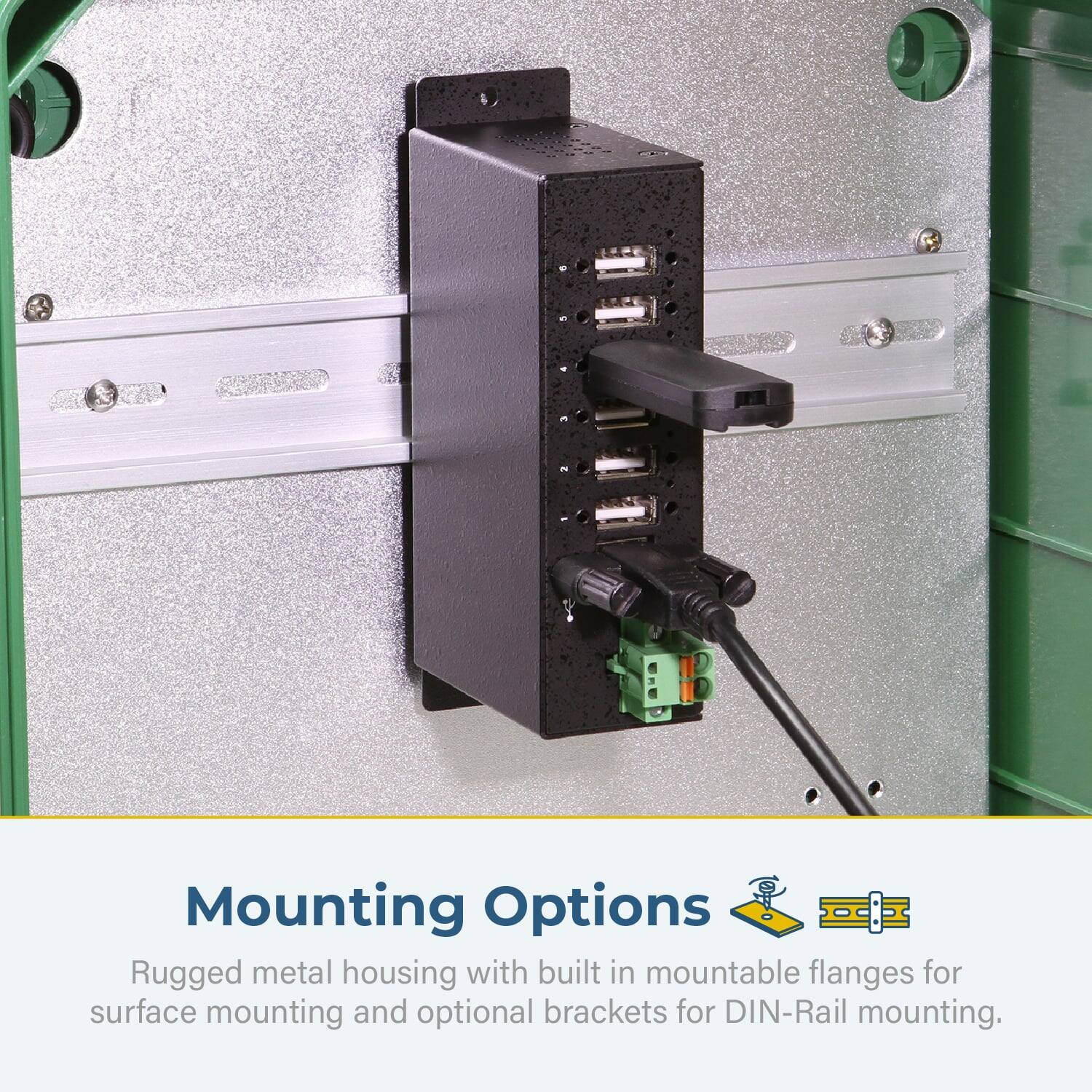 Mounting Options  
Rugged metal housing with built-in mountable flanges for surface mounting and optional brackets for DIN-Rail mounting.
