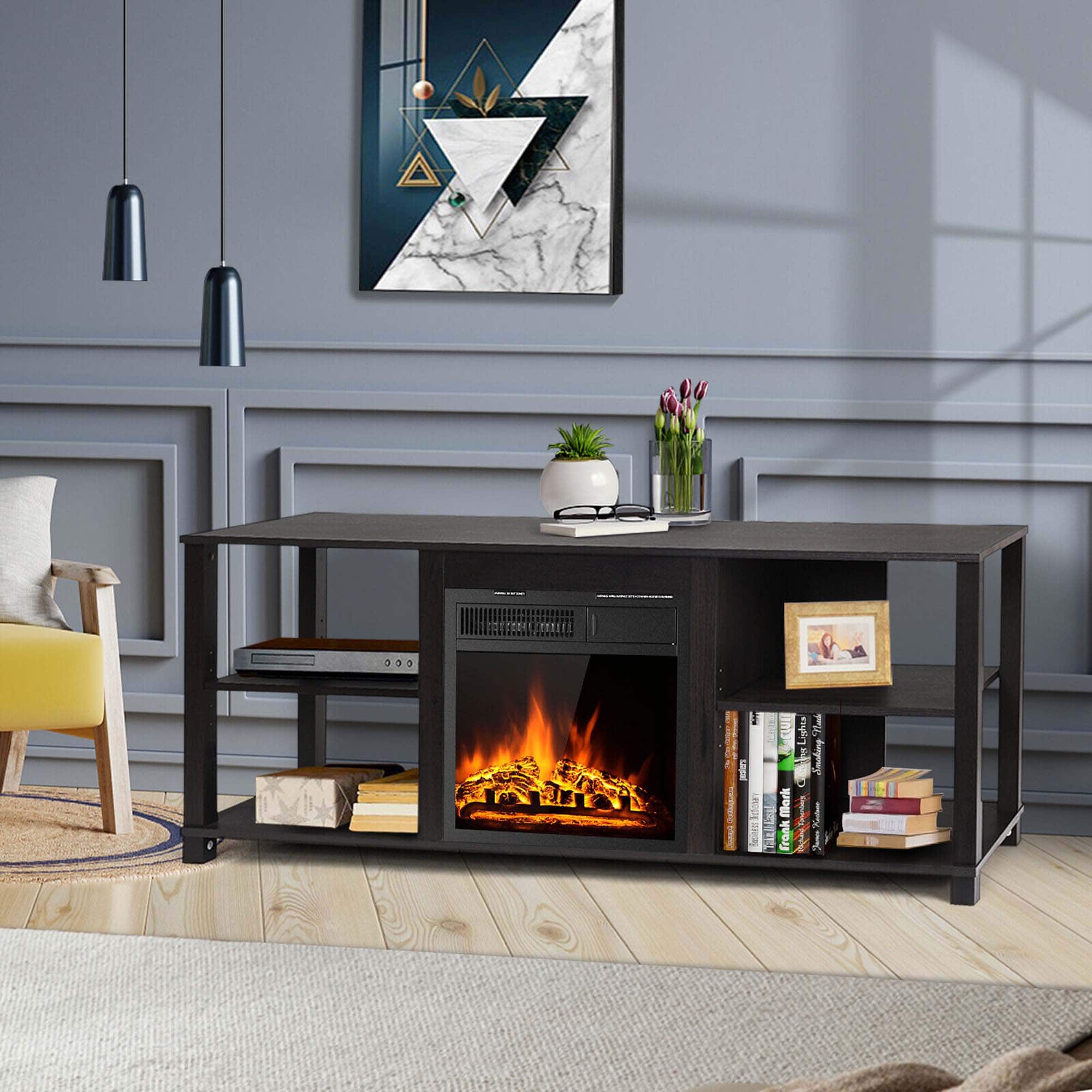 Costway - 59" Fireplace TV Stand Entertainment Center w/ 18" 1500W Electric Fireplace - Dark Brown