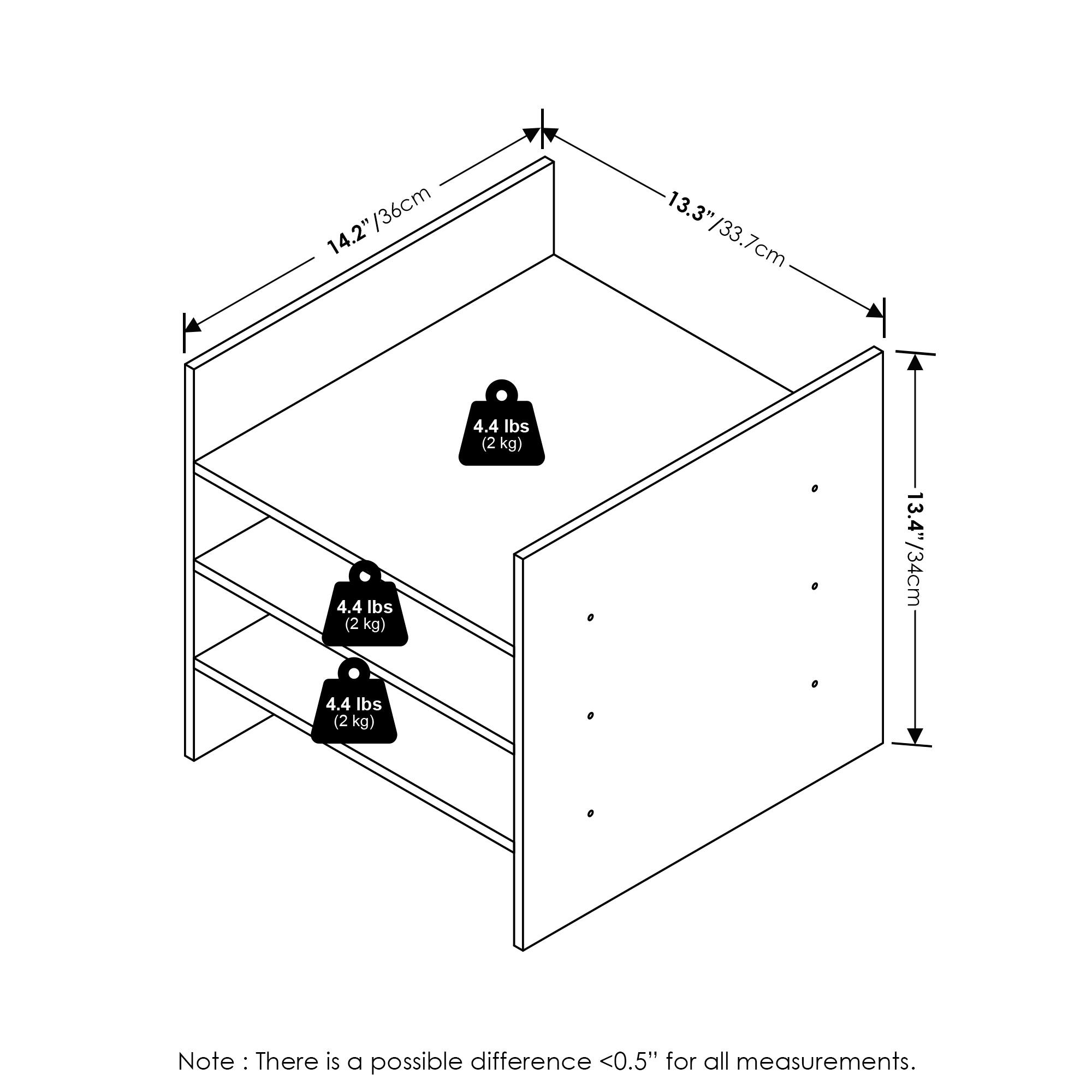 - 14.2" / 36cm
- 13.3" / 33.7cm
- 13.4" / 34cm
- 4.4 lbs (2 kg)
- 4.4 lbs (2 kg)
- 4.4 lbs (2 kg)

Note: There is a possible difference <0.5" for all measurements.
