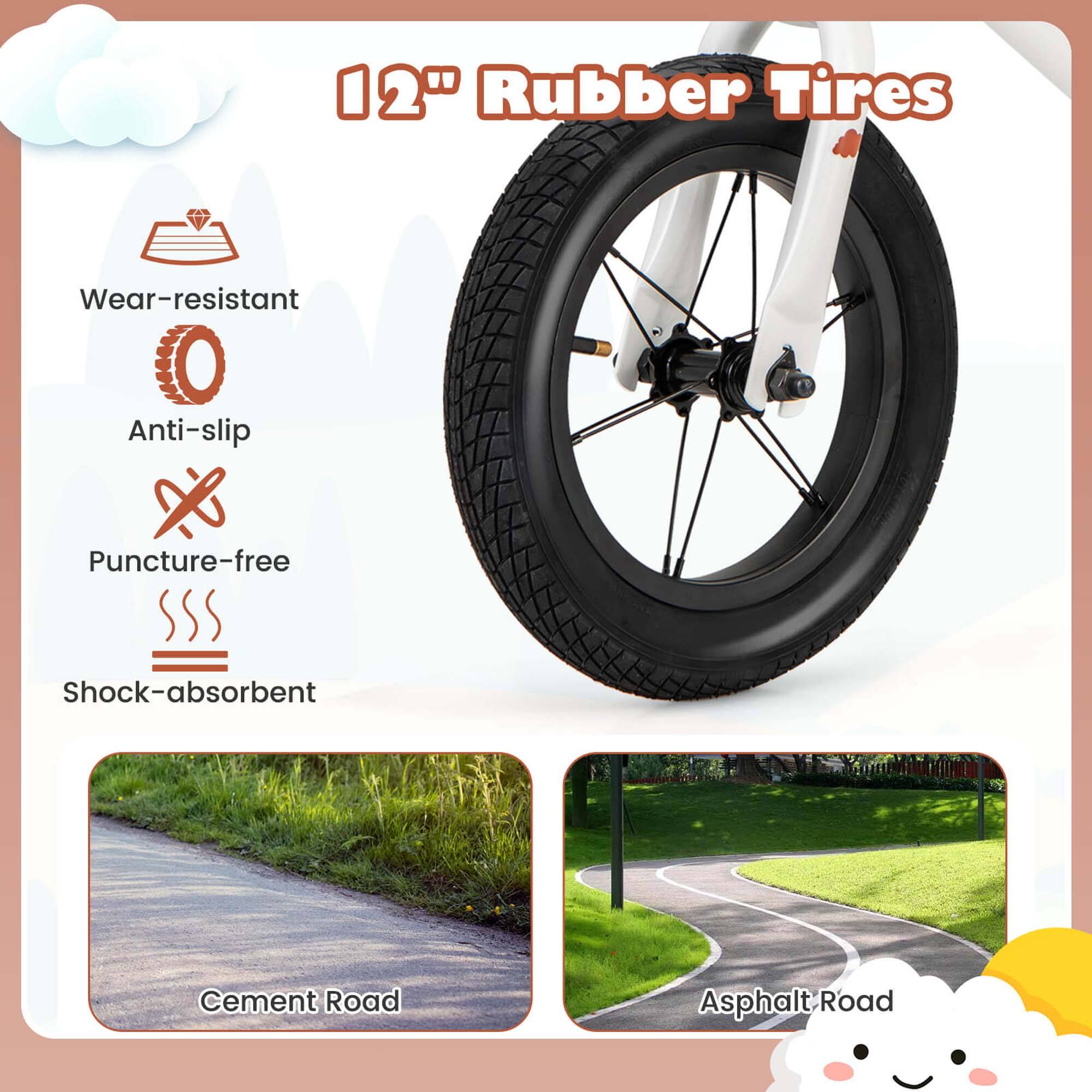 12" Rubber Tires

- Wear-resistant
- Anti-slip
- Puncture-free
- Shock-absorbent

Cement Road

Asphalt Road