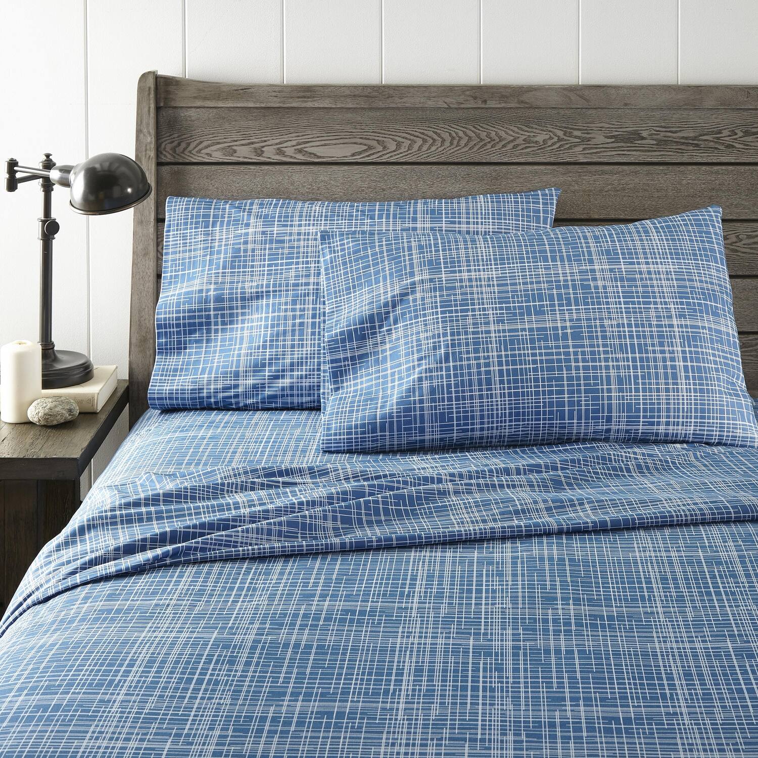 Angle. Shavel Home Products - Shavel 100% Polyester Luxury Micro Flannel Printed Deep-Pocket Crosshatch Sheet Set King Blue - Blue.