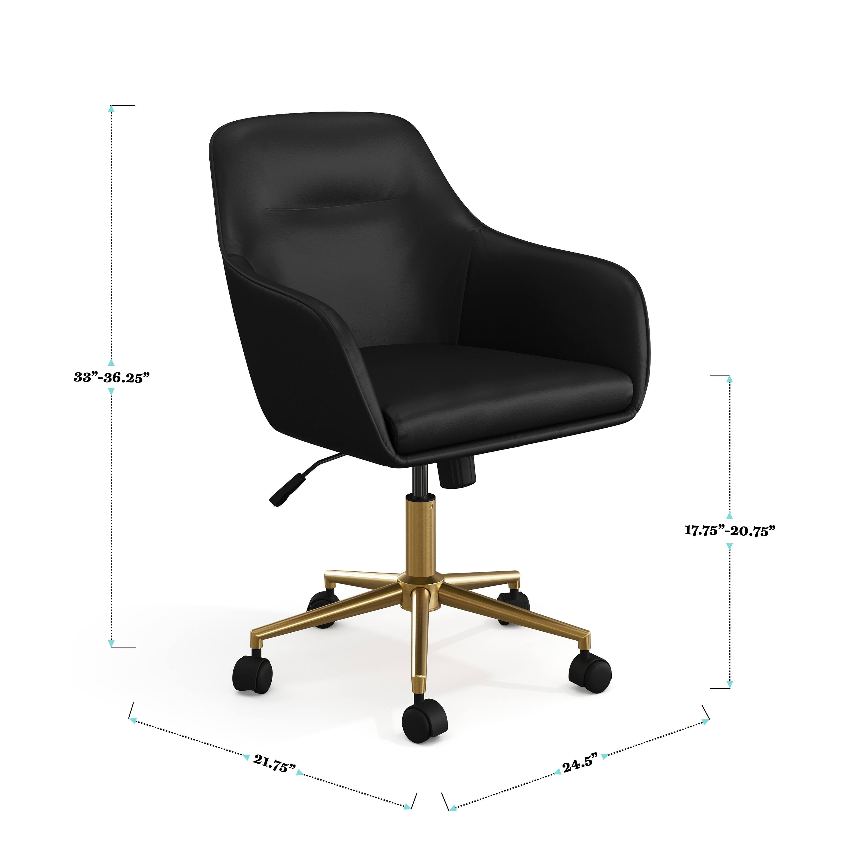 The chair is 33 inches to 36.25 inches tall. The seat is 17.75 inches to 20.75 inches wide. The armrests are 21.75 inches long. The chair is 24.5 inches wide.