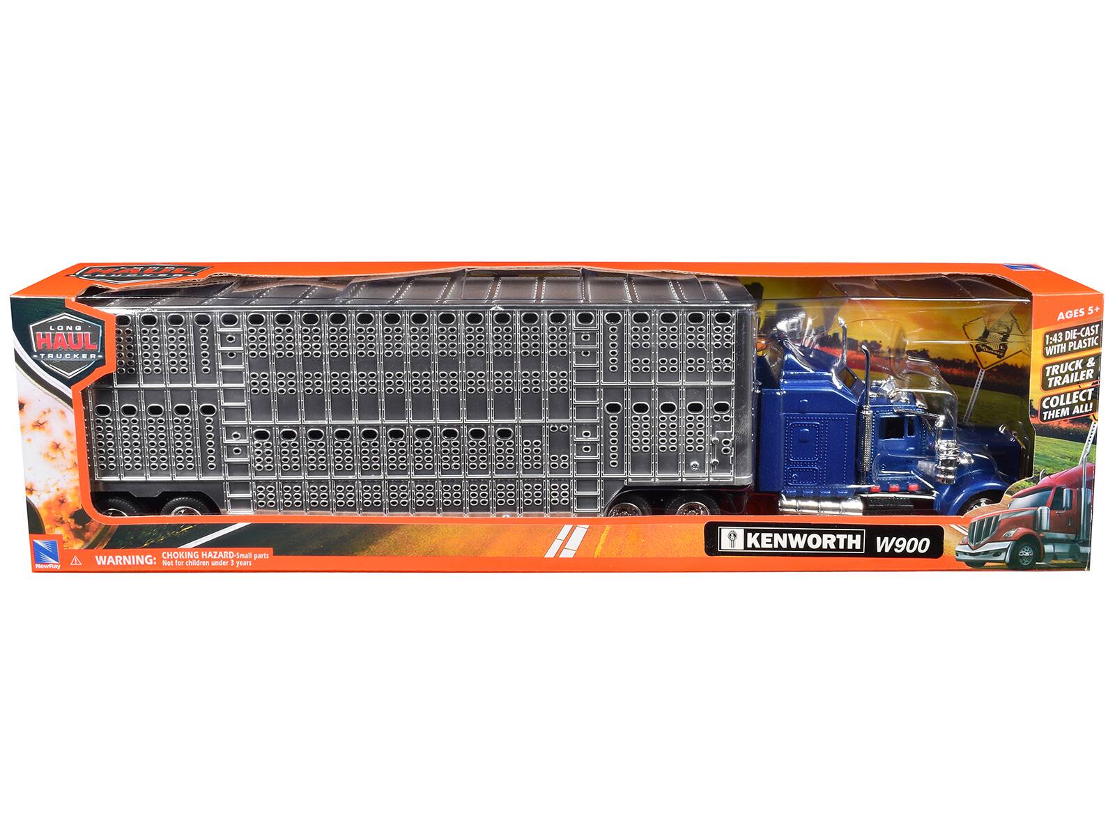 Sure, here is the corrected text:

---

**LONG HAUL TRUCKER**

**AGES 5+**

**1:43 DIE-CAST WITH PLASTIC TRUCK & TRAILER**

**COLLECT THEM ALL**

**CHOKING HAZARD - Small parts**

**WARNING: Not for children under 3 years**

**KENWORTH W900**

---

This text is grouped and corrected from the image.