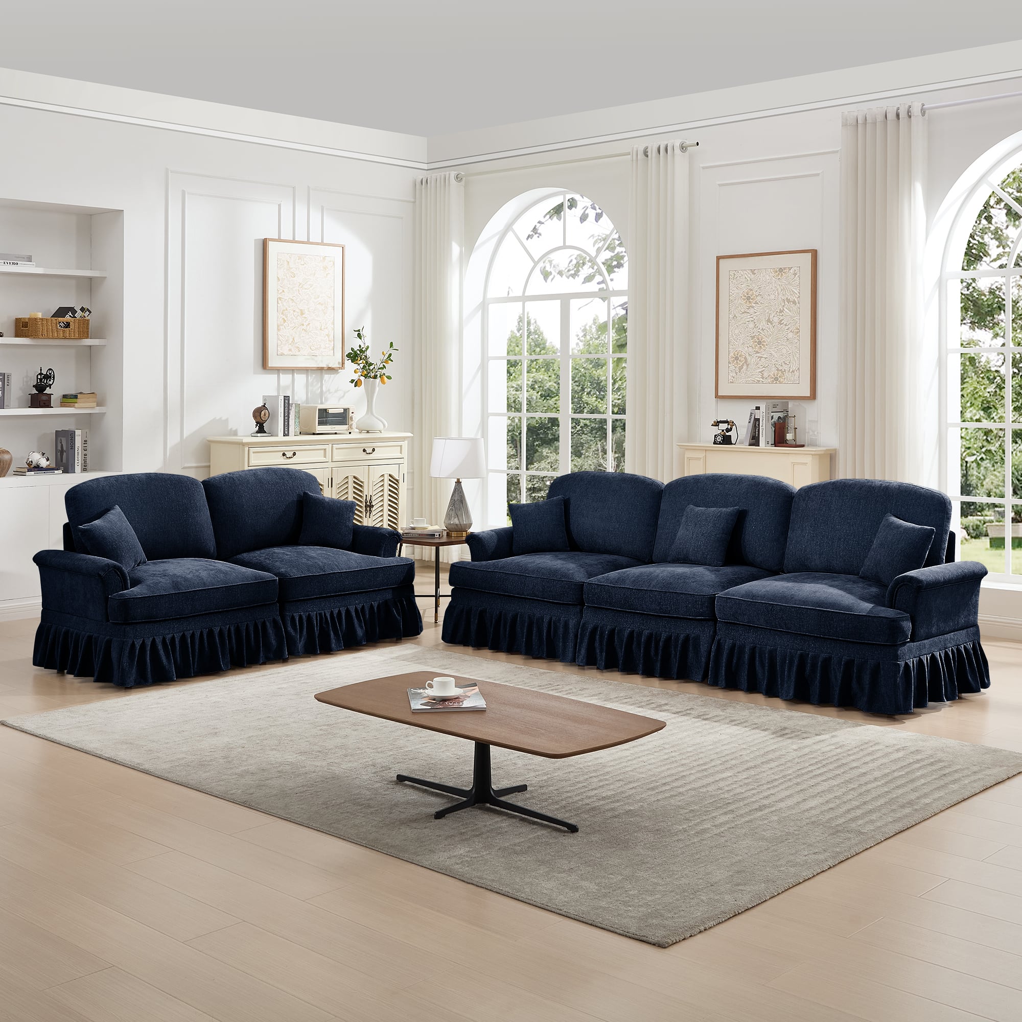 Anysun - Classic 2-Piece Chenille Sofa Set (3+2 Seat Sofa) - Flared Arms, Ruffled Skirt & Spindle Legs for Living Room - Blue