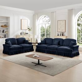 Anysun - Classic 2-Piece Chenille Sofa Set (3+2 Seat Sofa) - Flared Arms, Ruffled Skirt & Spindle Legs for Living Room - Blue