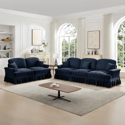 Front. Anysun - Classic 2-Piece Chenille Sofa Set (3+2 Seat Sofa) - Flared Arms, Ruffled Skirt & Spindle Legs for Living Room - Blue.