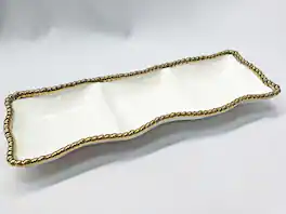 Jiallo - 15" Contemporary Gold Bead 3‑Section Platter – Modern Divided Serving Tray with Beaded Rim - White