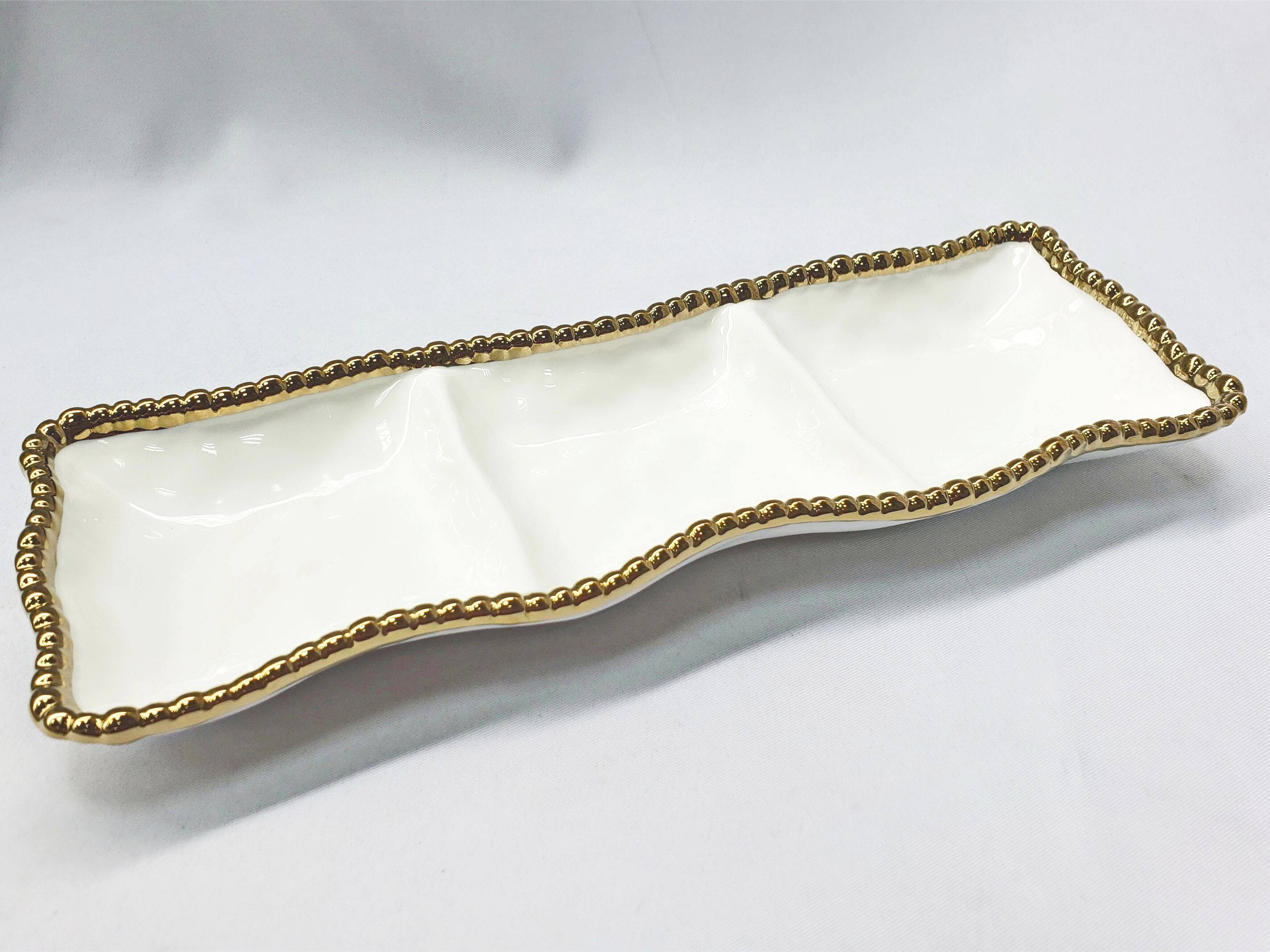 Front. Jiallo - 15" Contemporary Gold Bead 3‑Section Platter – Modern Divided Serving Tray with Beaded Rim - White.