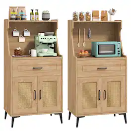 Gymax - 2PCS Coffee Bar Cabinet w/Pegboard Storage Drawer & Shelf Buffet Sideboard - Oak
